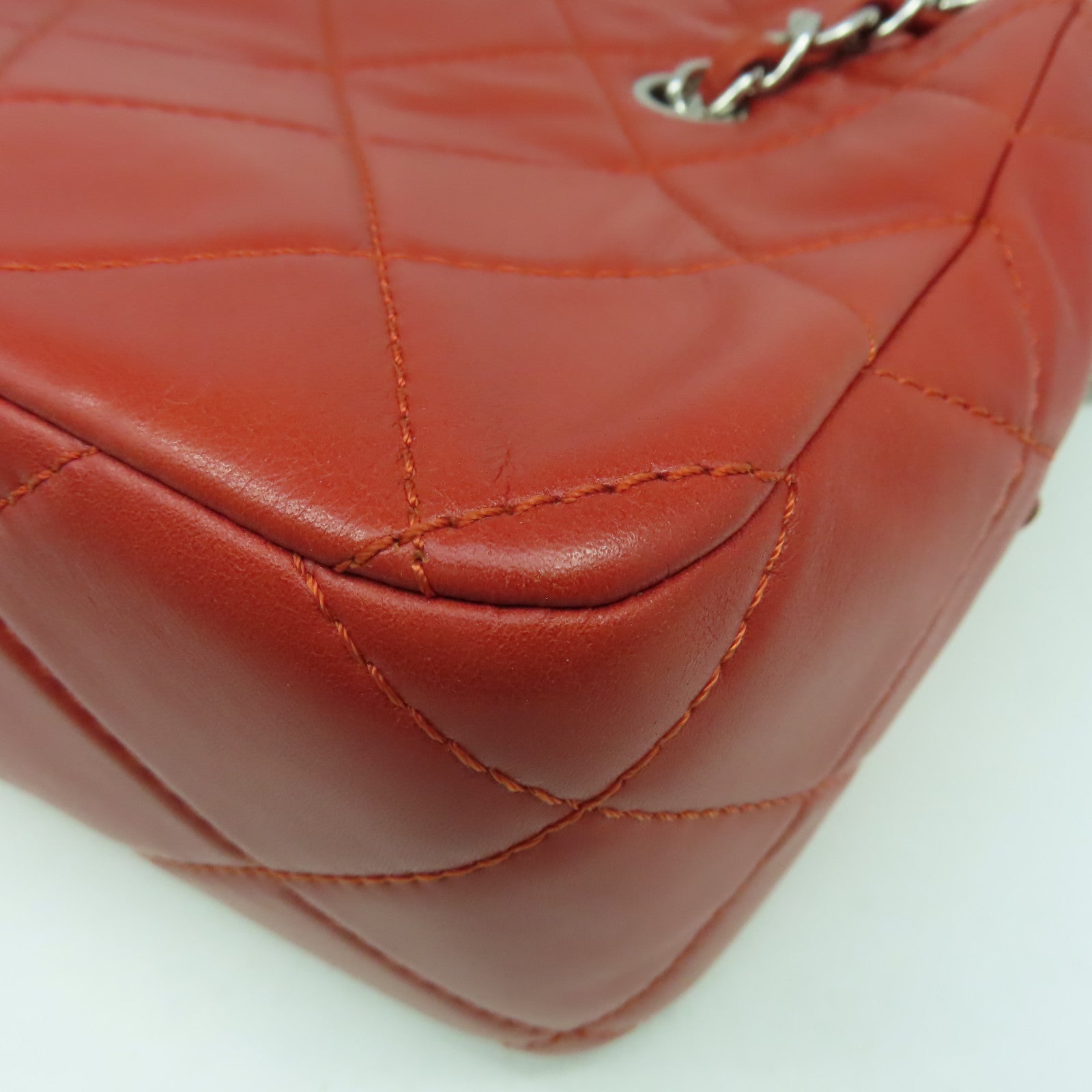 CHANEL 【清倉大減價】菱格皮革Chain Shoulder Bag銀扣鏈帶肩背袋紅色