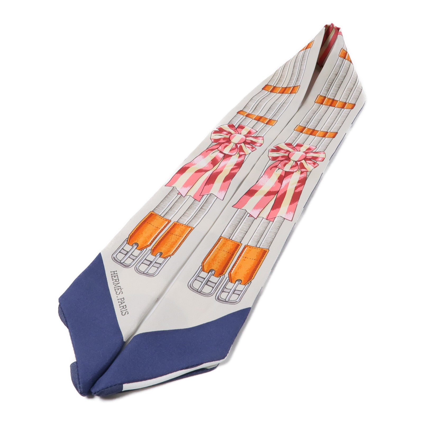 HERMES 絲質Twilly絲巾深藍色/白色/米色/橙色