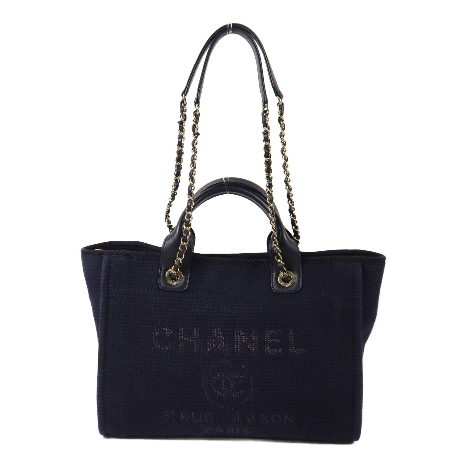 CHANEL 帆布Deauville MM鏈帶手挽肩背兩用袋