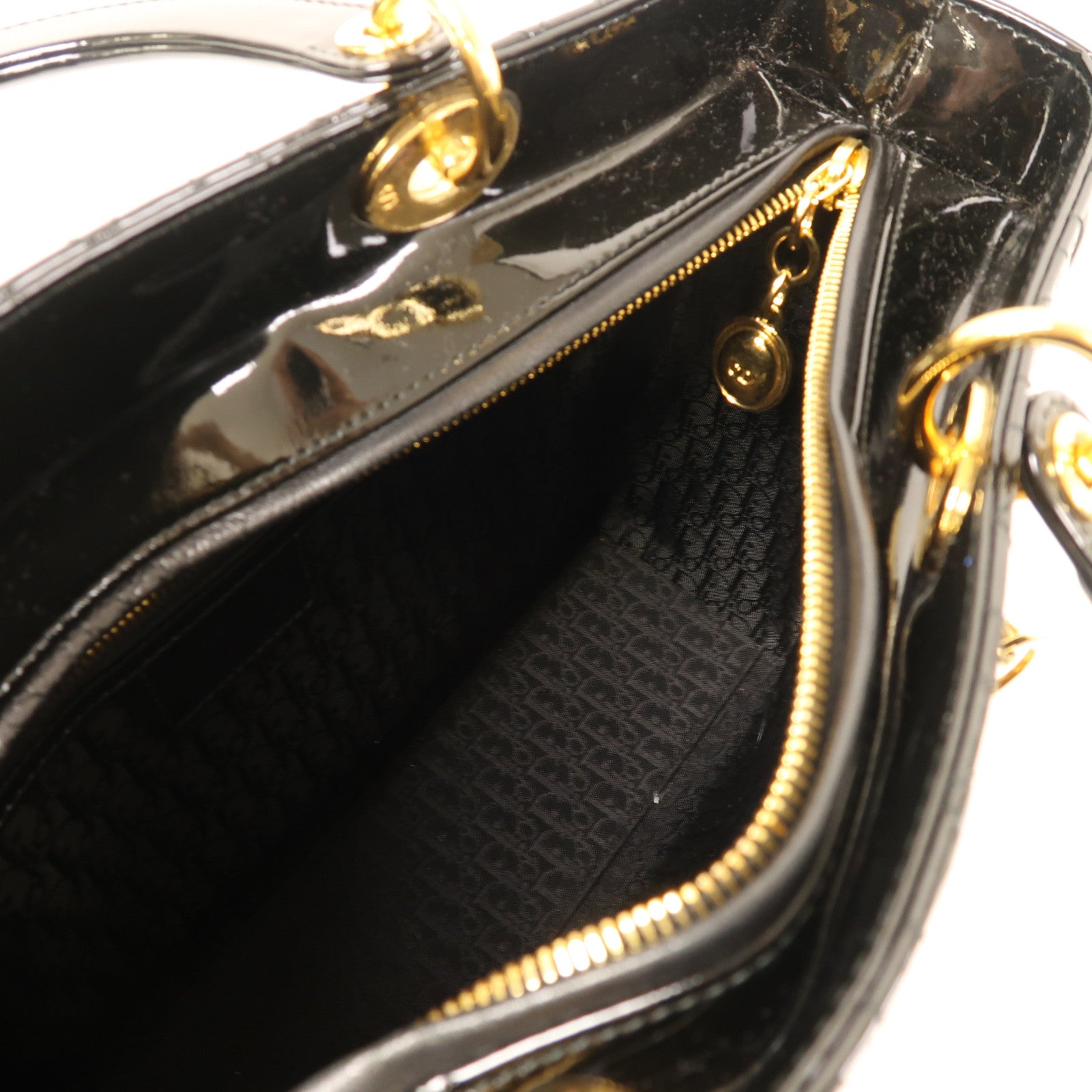 Dior 漆皮皮革Lady Dior Tote金扣手挽肩背兩用袋黑色