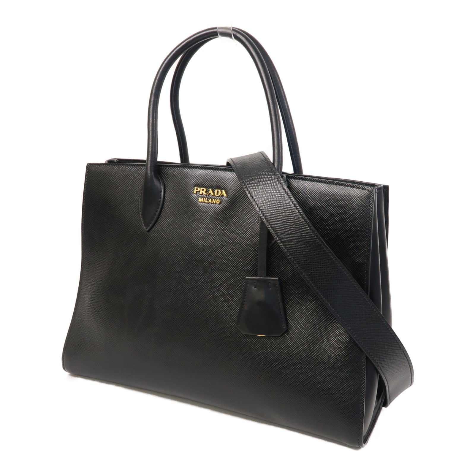PRADA 牛皮皮革Shoulder Bag金扣手挽肩背兩用袋黑色