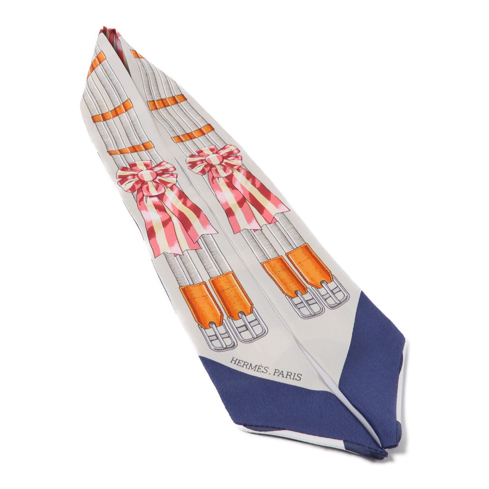 HERMES 絲質Twilly絲巾深藍色/白色/米色/橙色