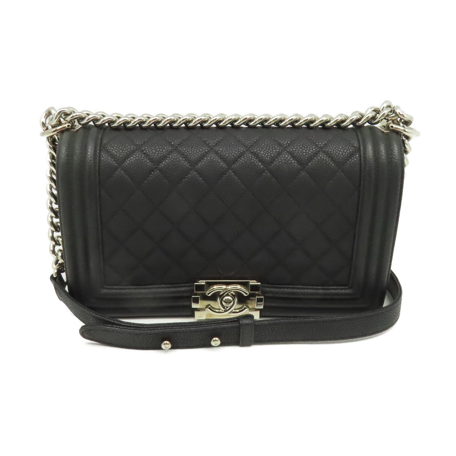 CHANEL 【激減優惠】菱格Caviar皮革Boy Chanel 25cm Chain Shoulder Bag銀扣鏈帶肩背袋黑色