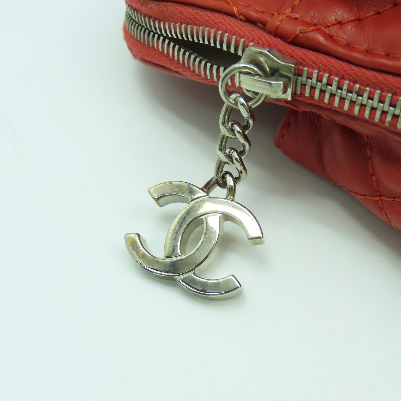 CHANEL 【清倉大減價】菱格皮革Chain Shoulder Bag銀扣鏈帶肩背袋紅色