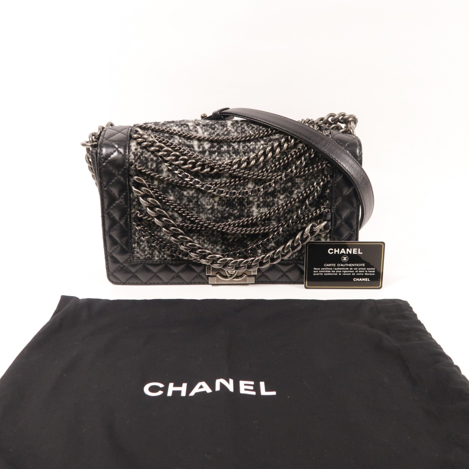 CHANEL Tweed/牛皮皮革Boy 28鏈帶肩背袋