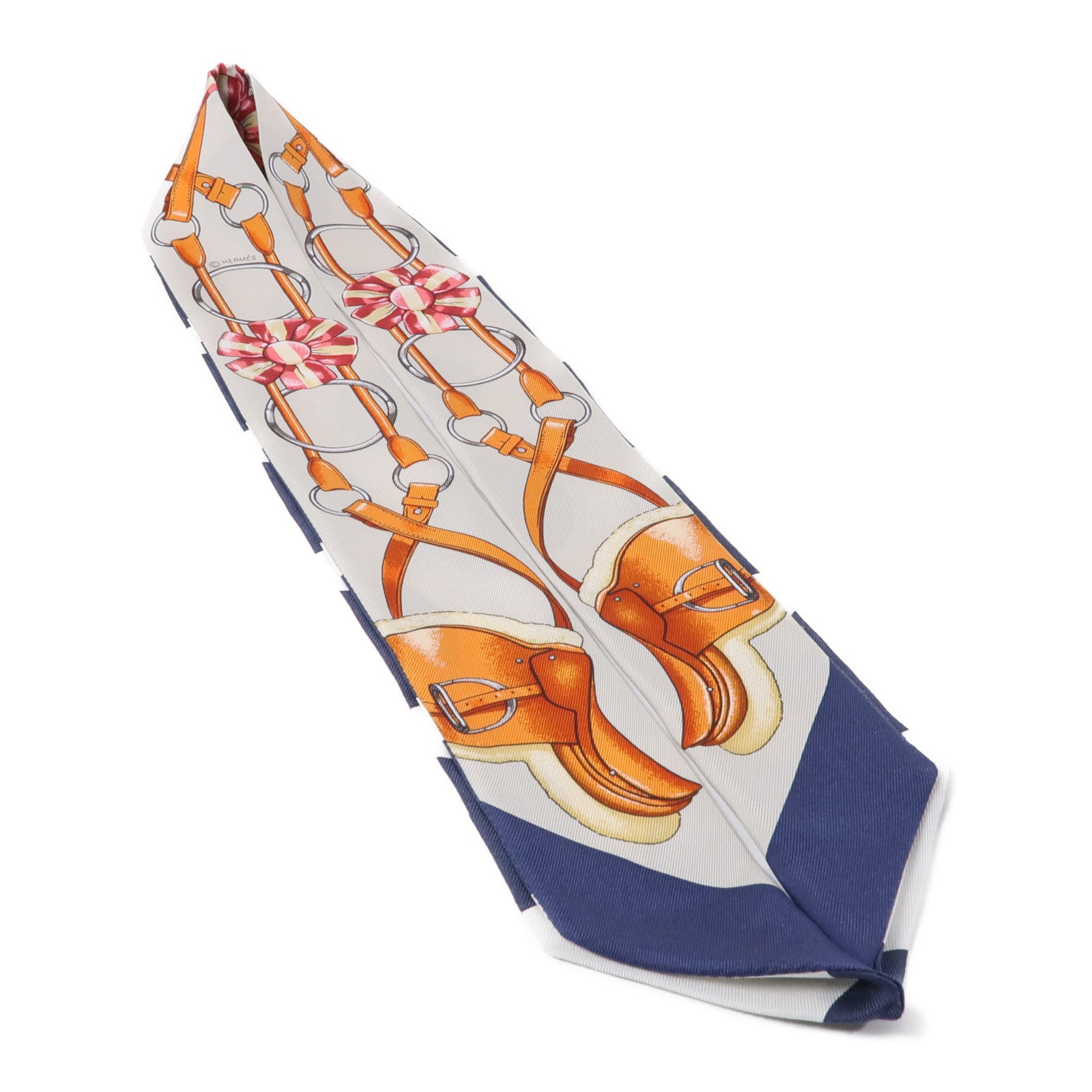 HERMES Twilly Scarf Scarves Silk Navy White Beige Orange