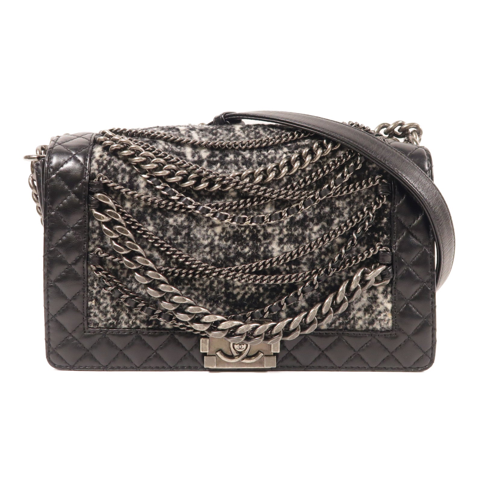 CHANEL CC Boy 28 Chain Shoulder Bag Tweed/Calfskin Leather Black