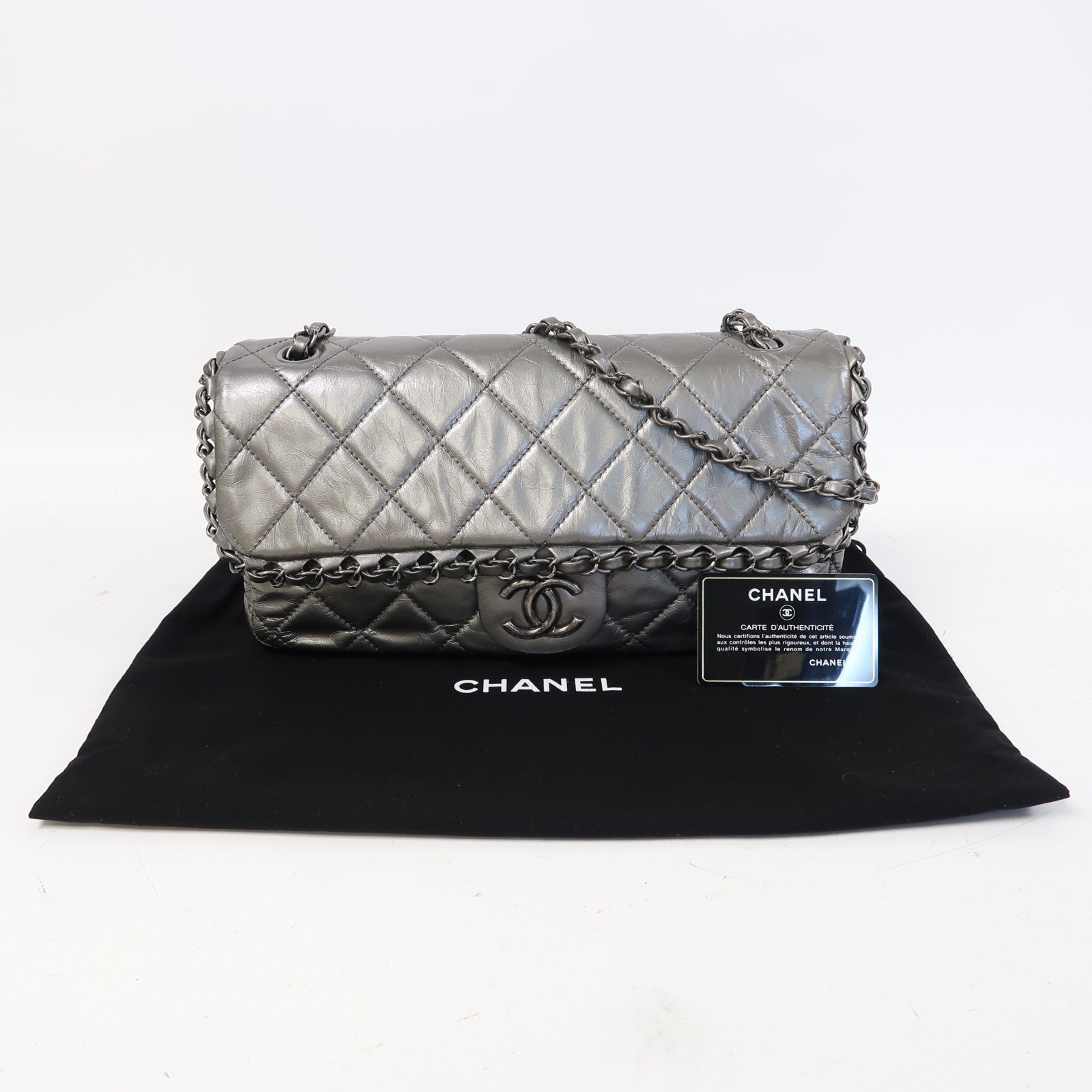 CHANEL 菱格牛皮皮革Chain Shoulder銀扣鏈帶肩背袋銀色