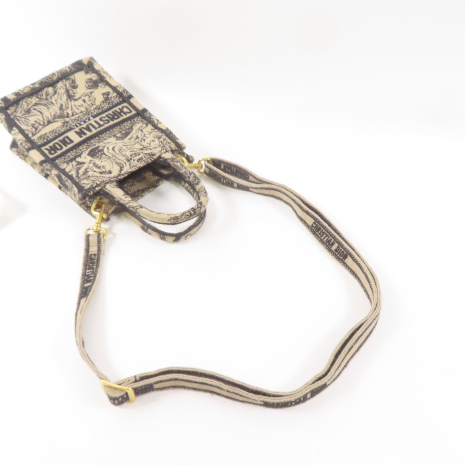 Dior 帆布Mini Vertical Dior Book Tote金扣手挽肩背兩用袋淺褐色/黑色