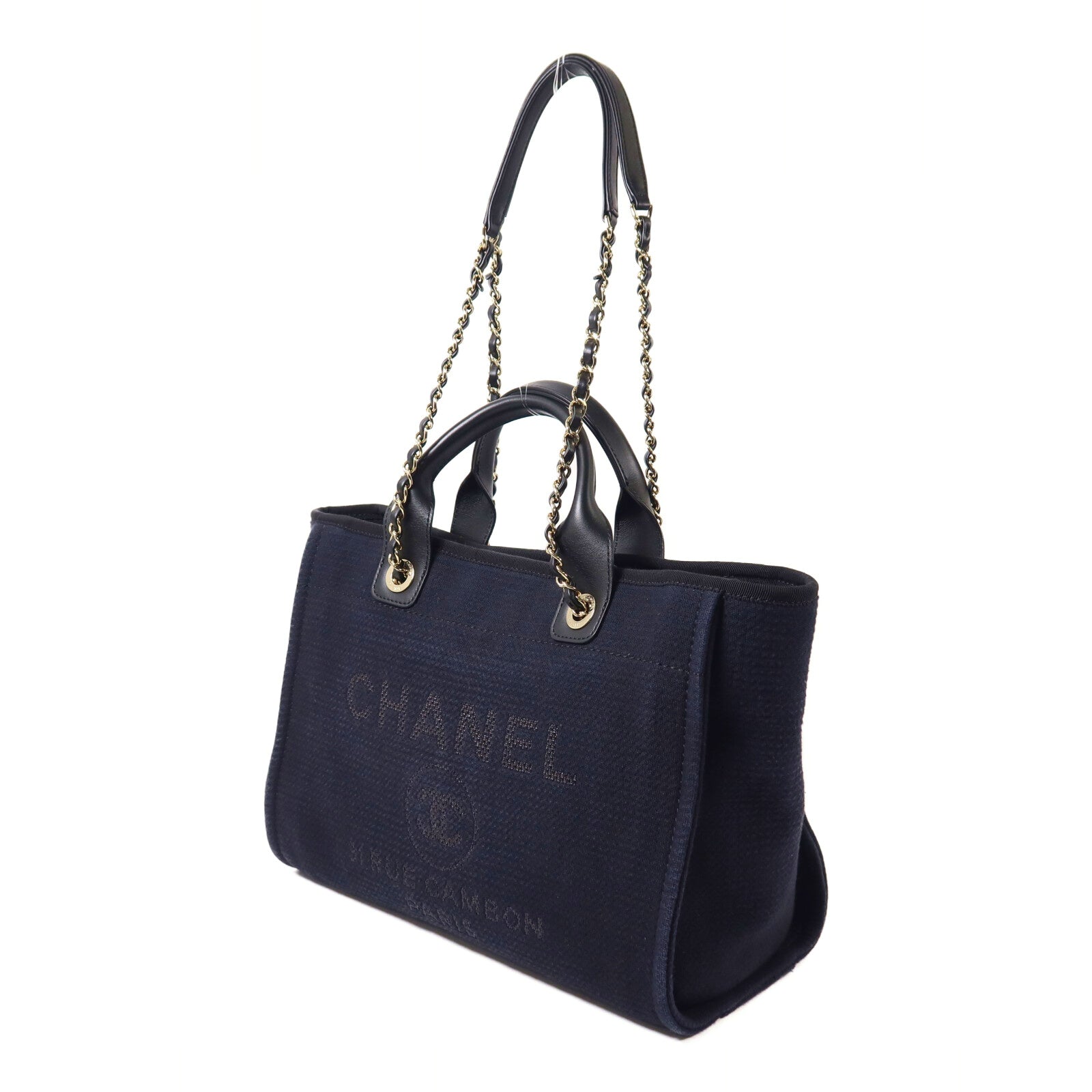 CHANEL 帆布Deauville MM鏈帶手挽肩背兩用袋