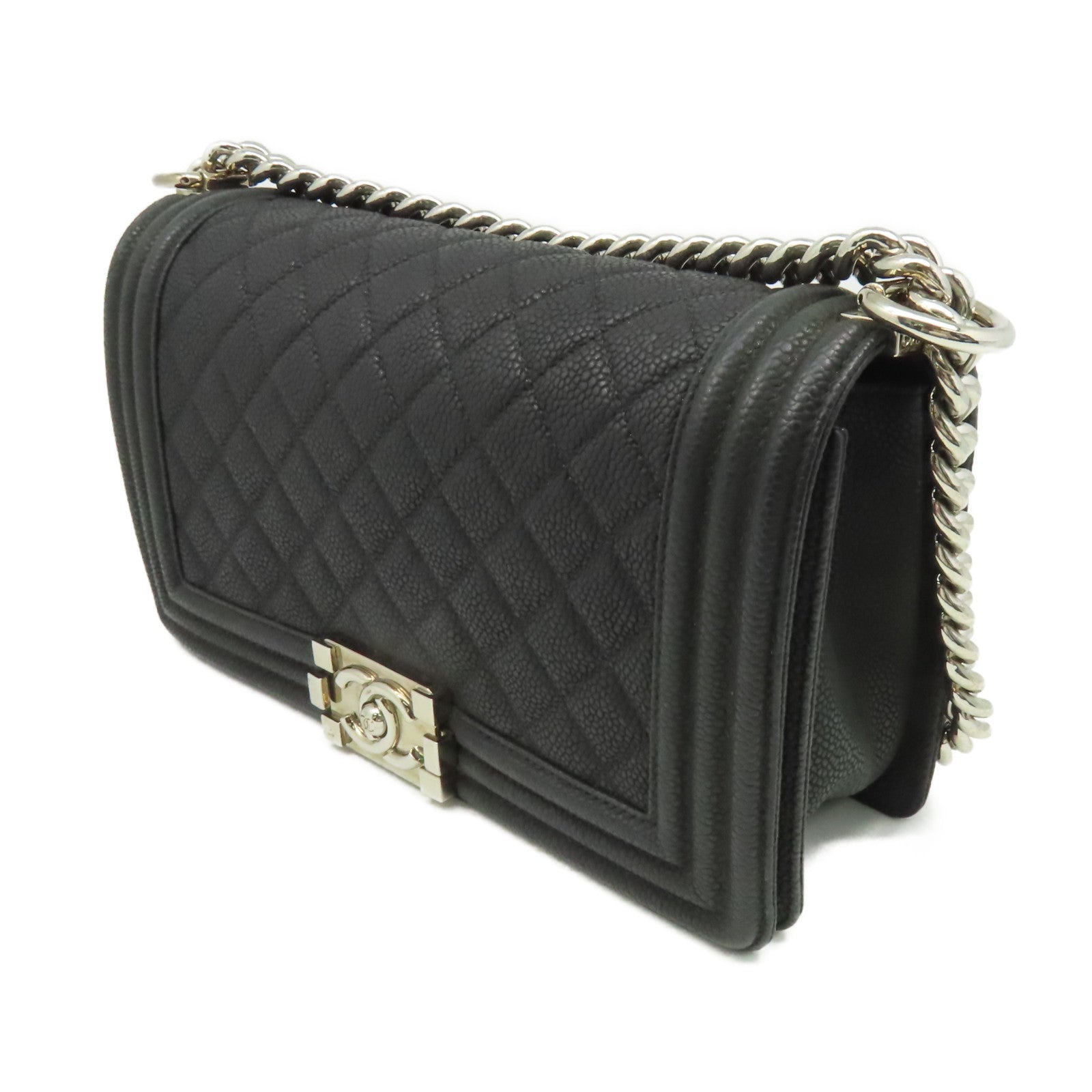 CHANEL 【激減優惠】菱格Caviar皮革Boy Chanel 25cm Chain Shoulder Bag銀扣鏈帶肩背袋黑色