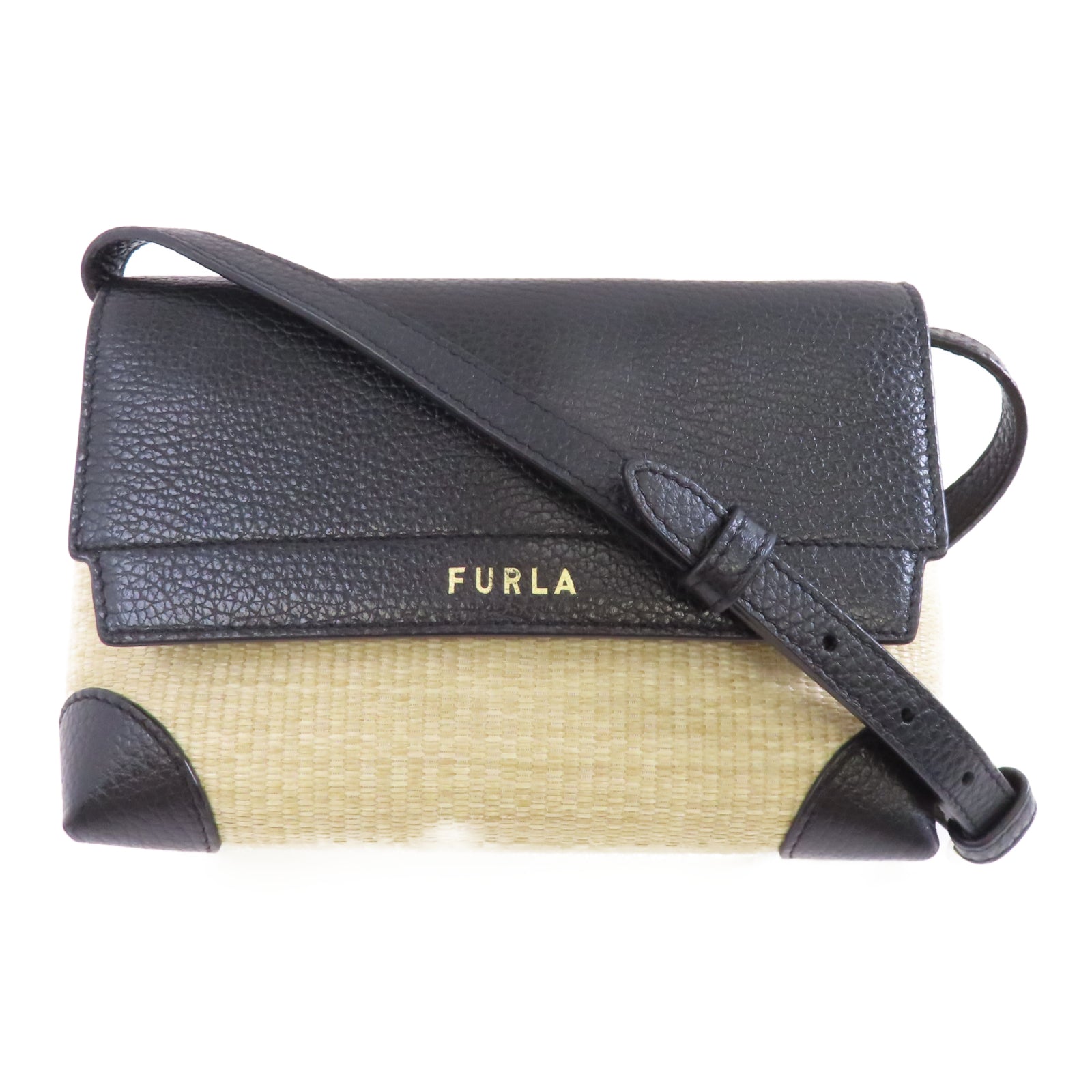 Furla 【激減優惠】Raffia/牛皮皮革Shoulder Bag金扣肩背袋黑色/米色