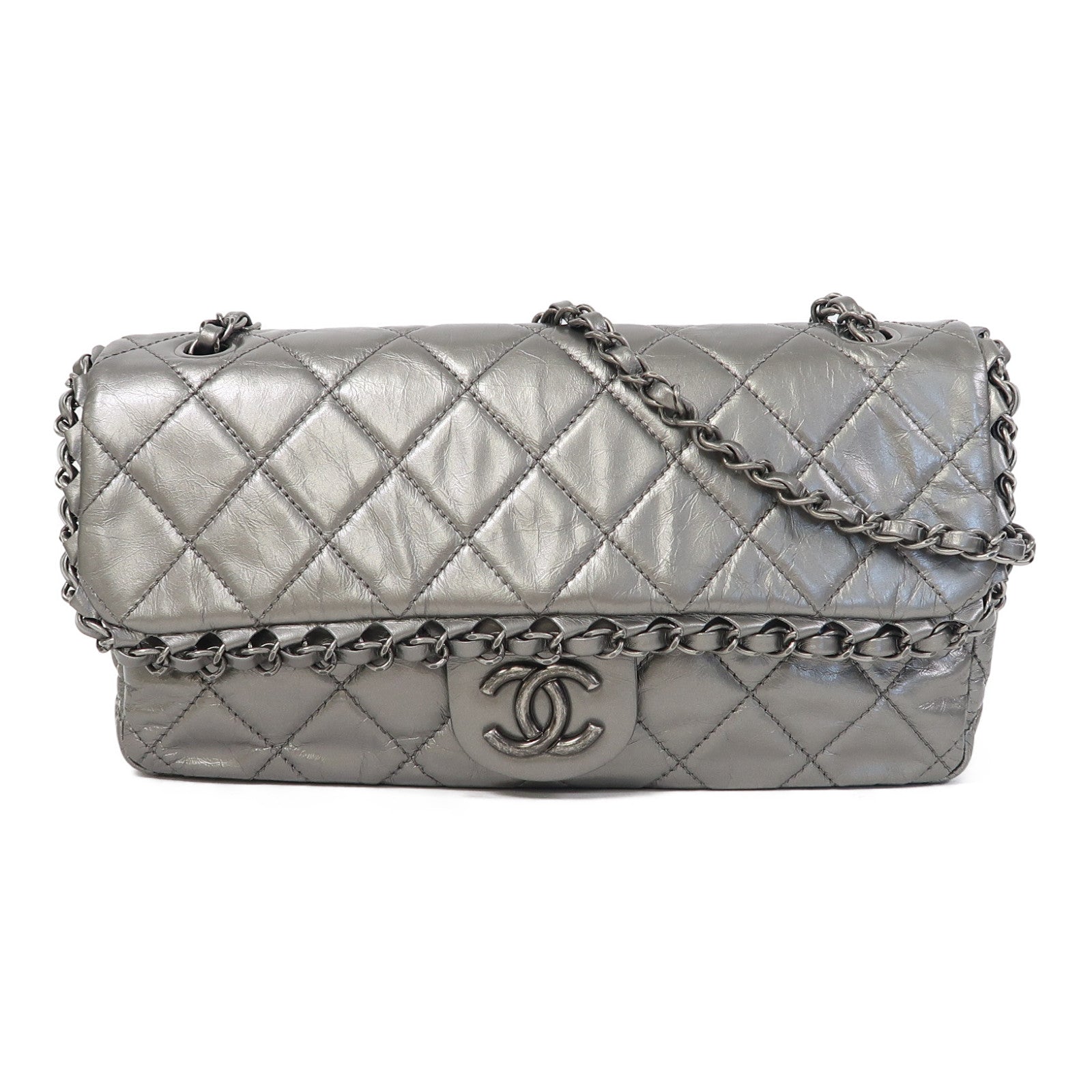 CHANEL 菱格牛皮皮革Chain Shoulder銀扣鏈帶肩背袋銀色