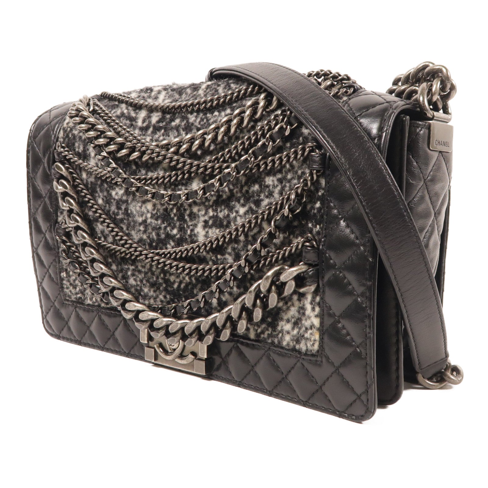CHANEL CC Boy 28 Chain Shoulder Bag Tweed/Calfskin Leather Black