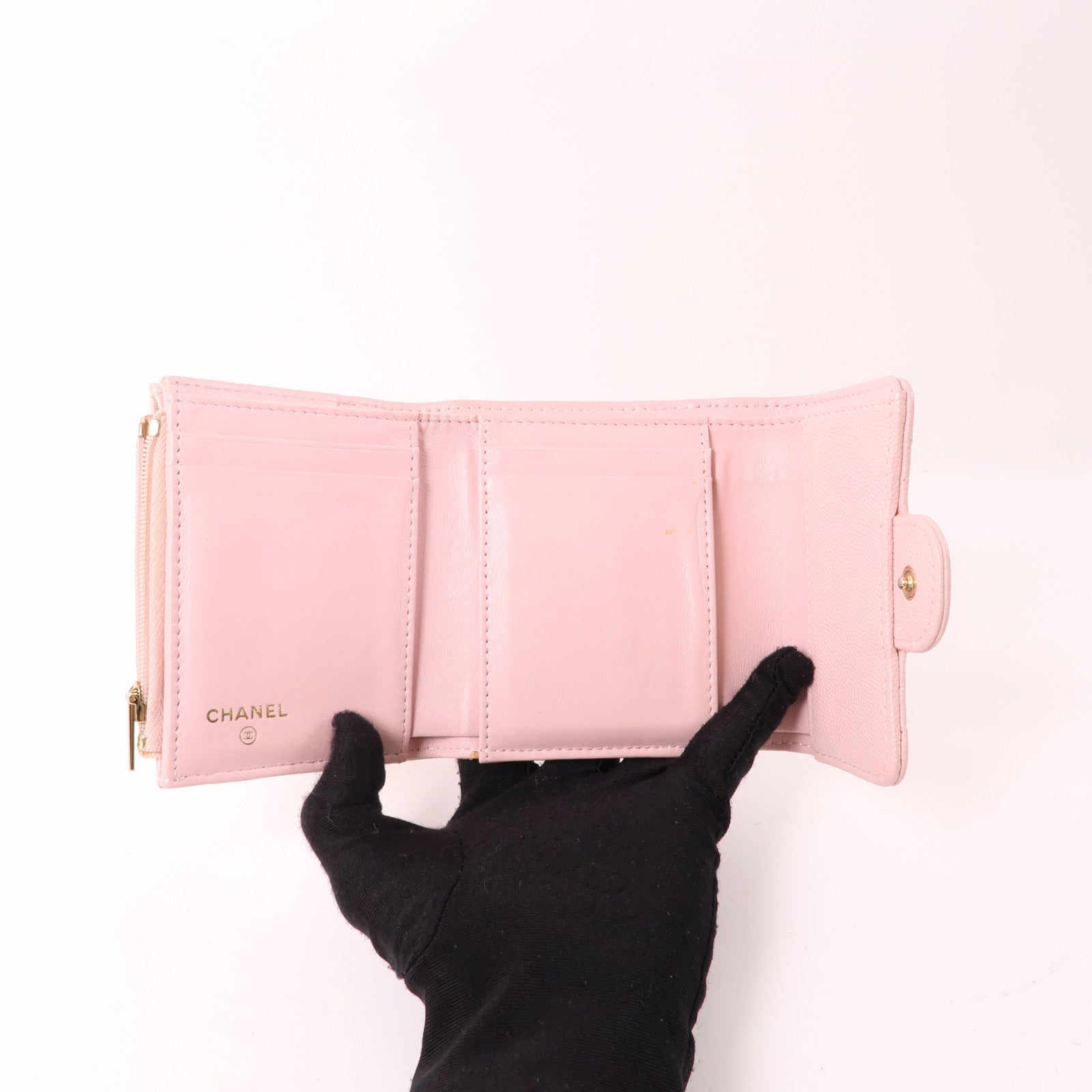 CHANEL 牛皮皮革Wallet金扣錢包粉紅色