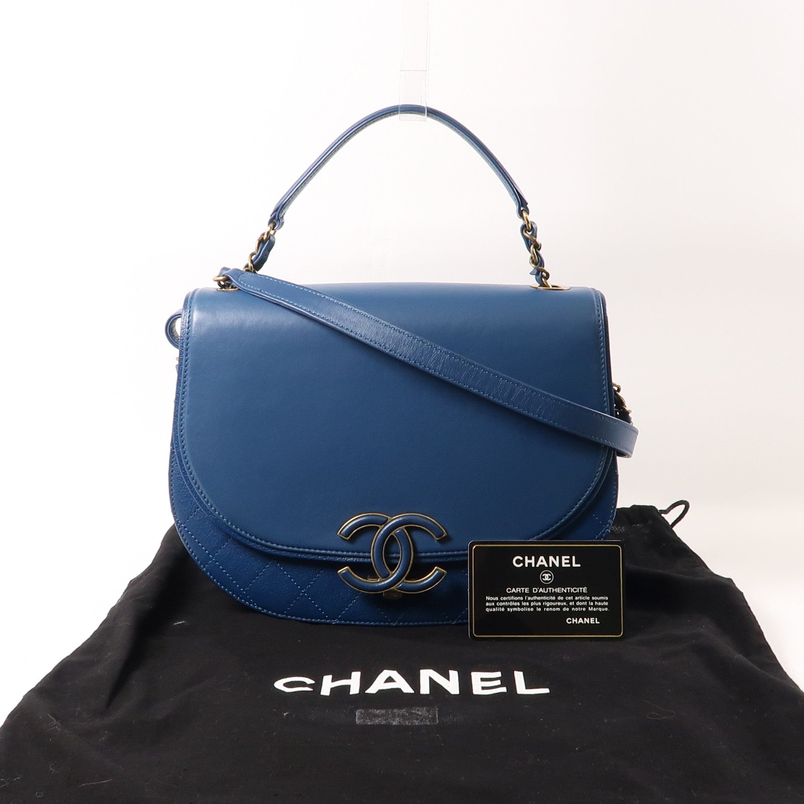 CHANEL 皮革Coco Curve金扣手挽肩背兩用袋藍色