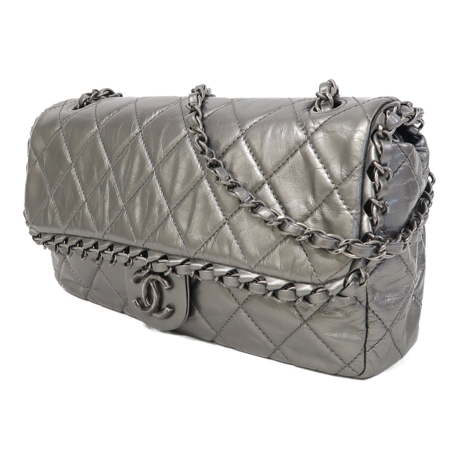 CHANEL 菱格牛皮皮革Chain Shoulder銀扣鏈帶肩背袋銀色