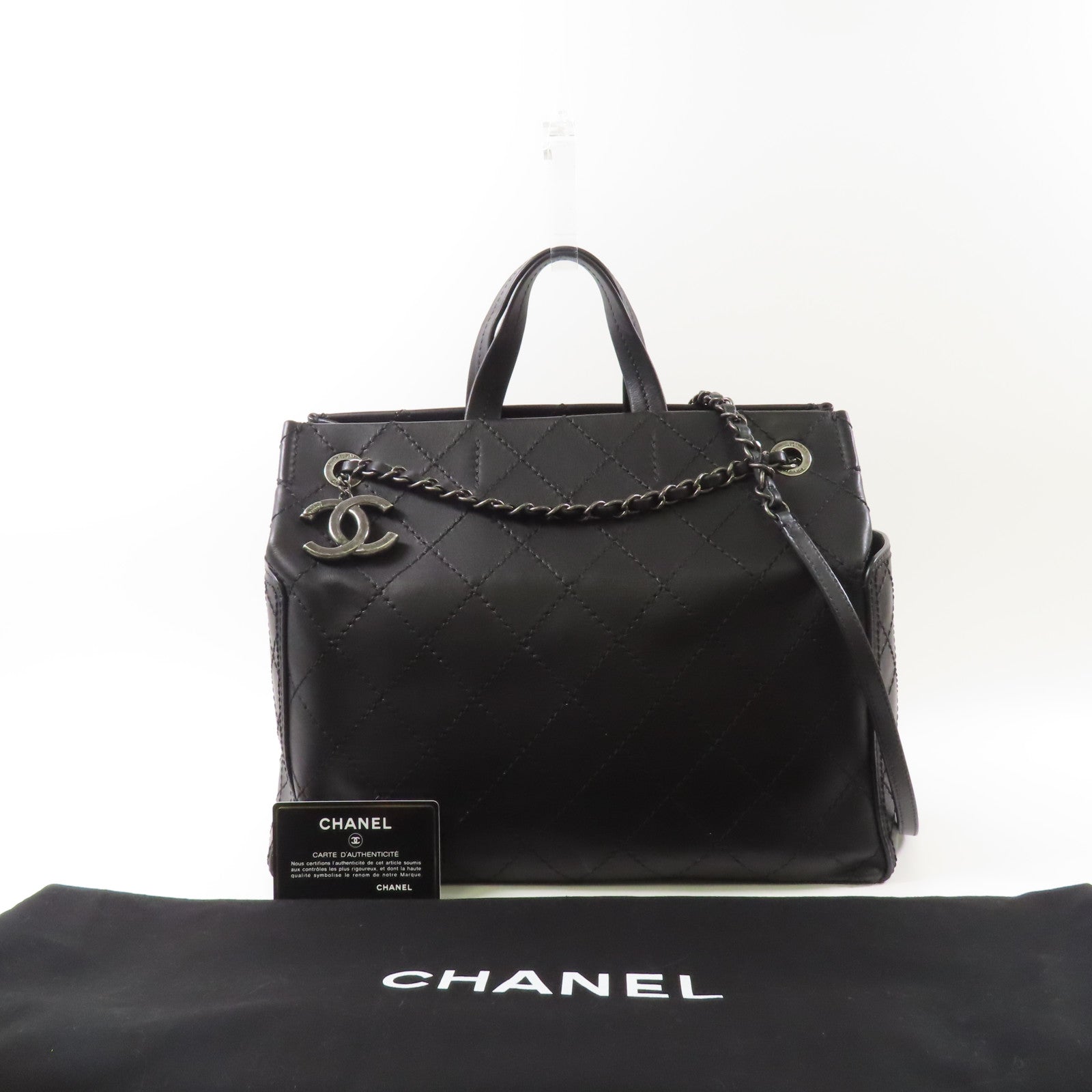 CHANEL 牛皮皮革Chain Shoulder銀扣鏈帶手挽肩背兩用袋