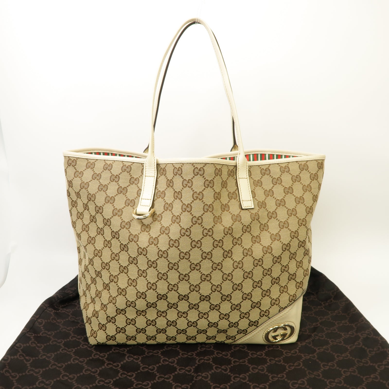 GUCCI 帆布Tote Bag金扣手挽袋白色/棕色