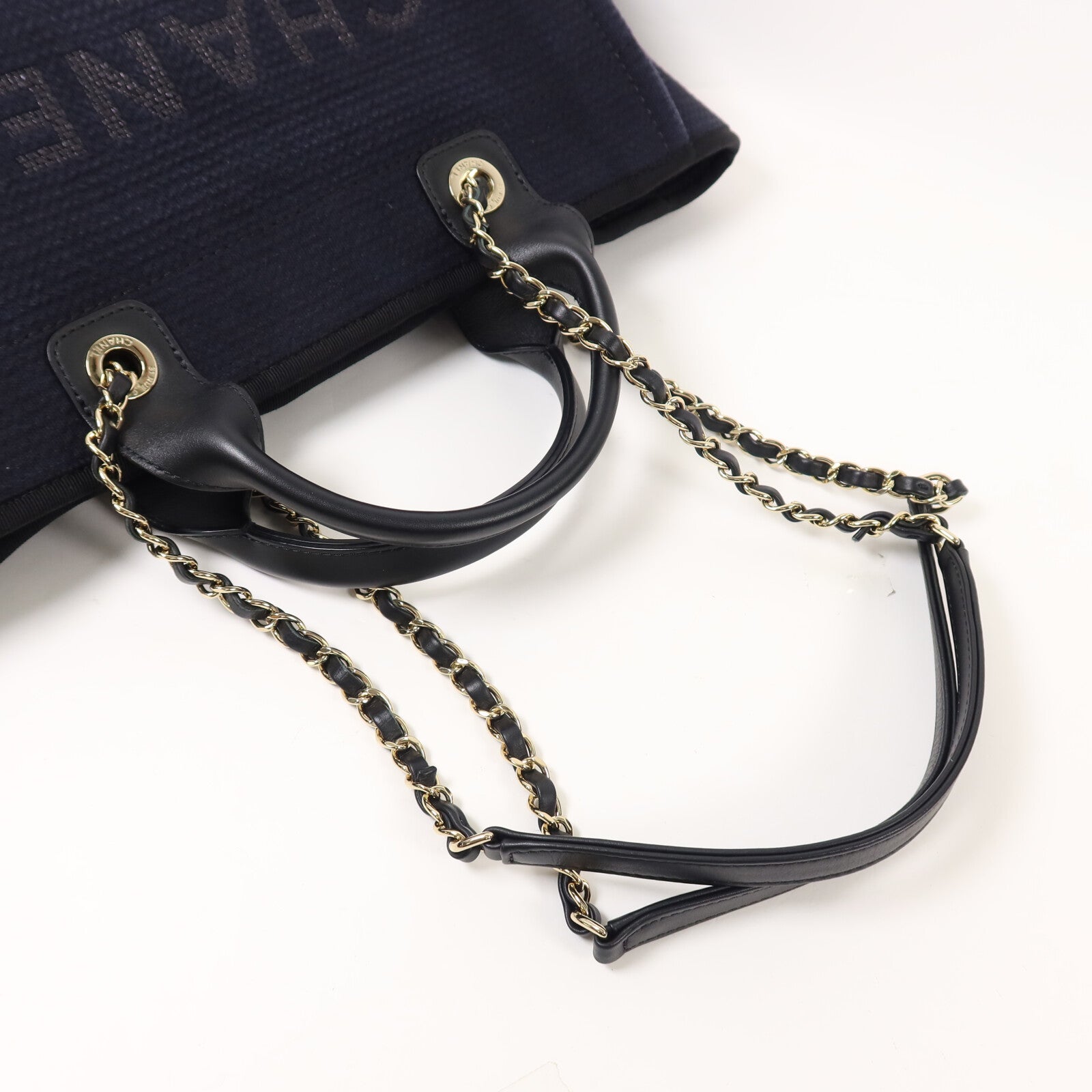 CHANEL 帆布Deauville MM鏈帶手挽肩背兩用袋