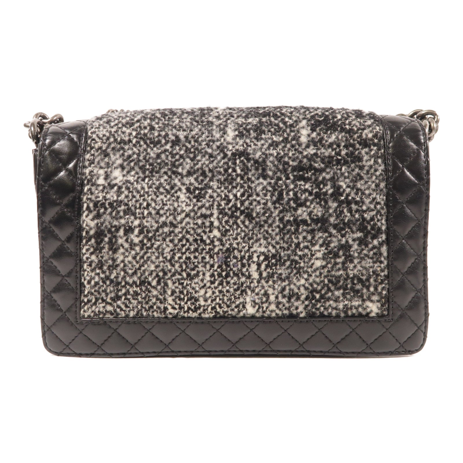 CHANEL CC Boy 28 Chain Shoulder Bag Tweed/Calfskin Leather Black