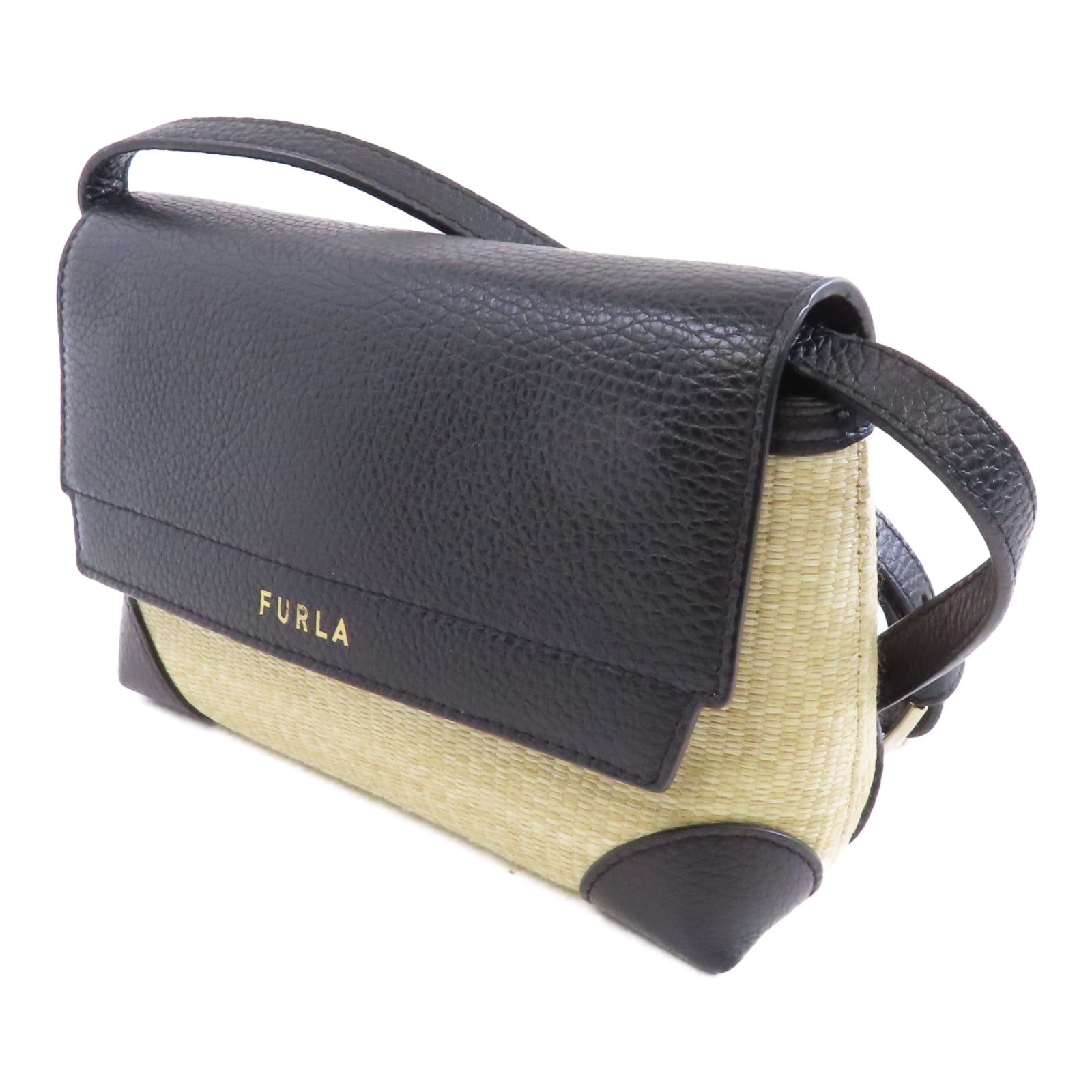 Furla 【激減優惠】Raffia/牛皮皮革Shoulder Bag金扣肩背袋黑色/米色