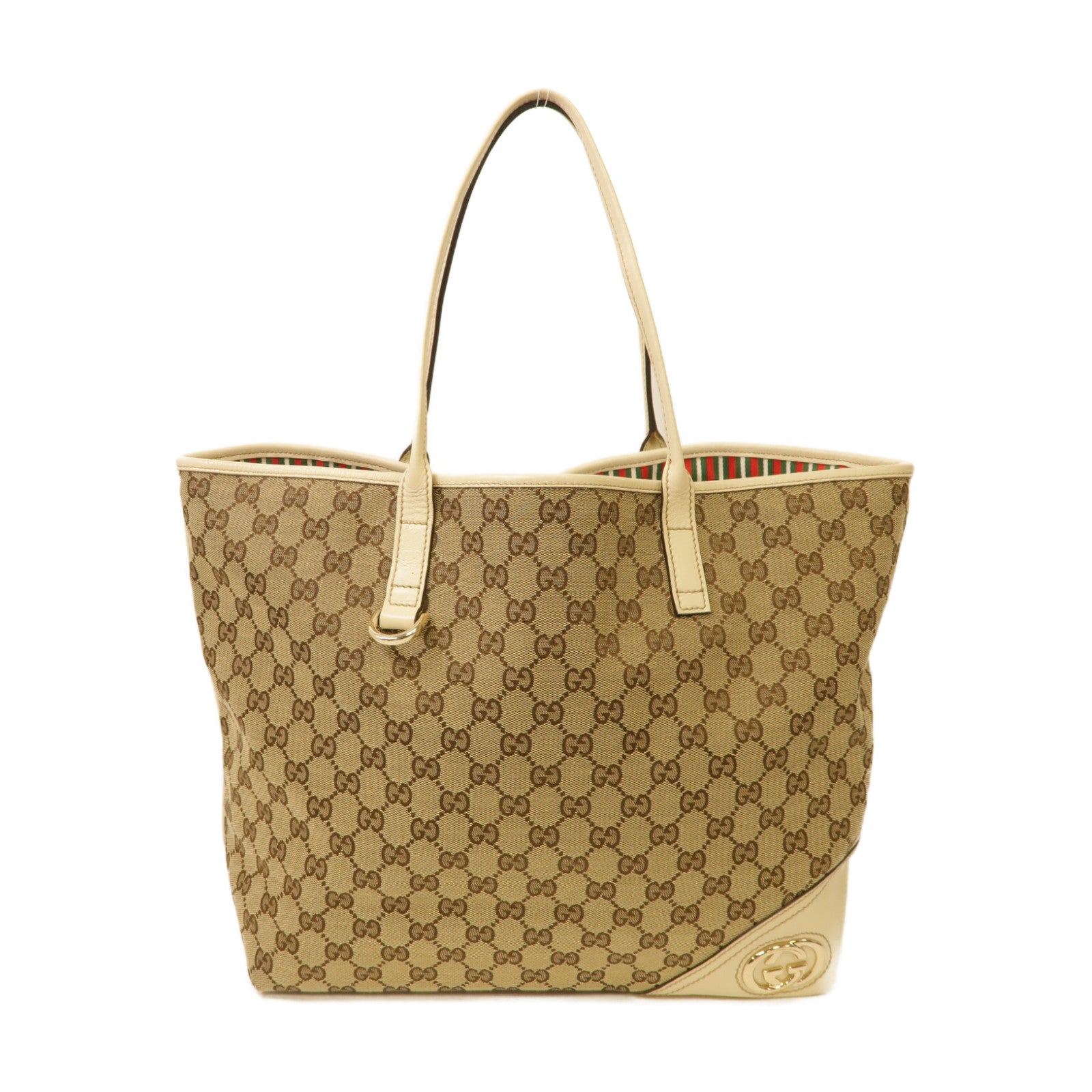 GUCCI 帆布Tote Bag金扣手挽袋白色/棕色