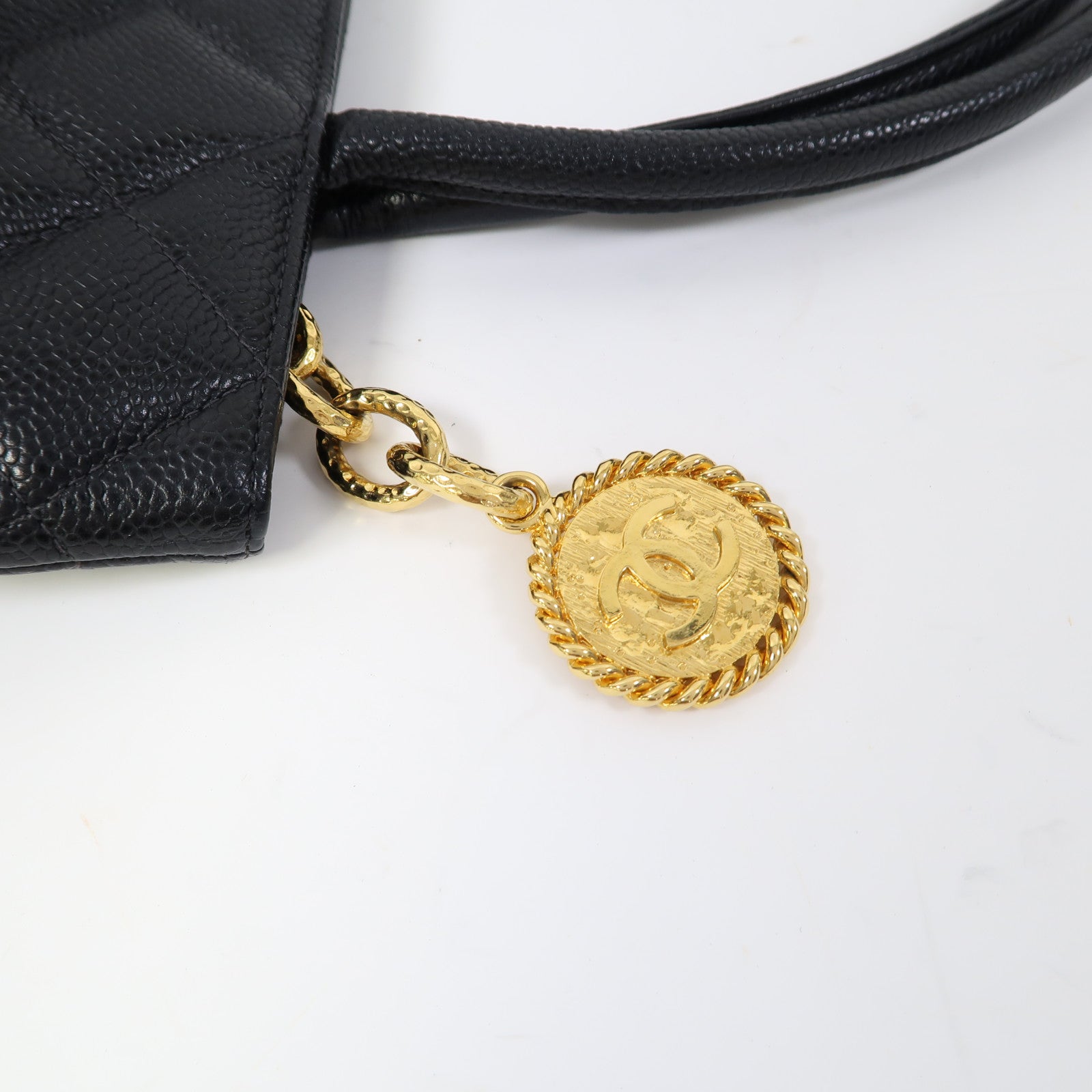 CHANEL 菱格Caviar皮革Vintage Tote金扣肩背袋黑色