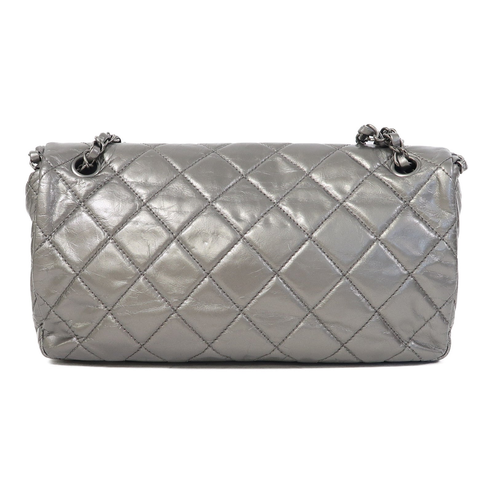 CHANEL 菱格牛皮皮革Chain Shoulder銀扣鏈帶肩背袋銀色