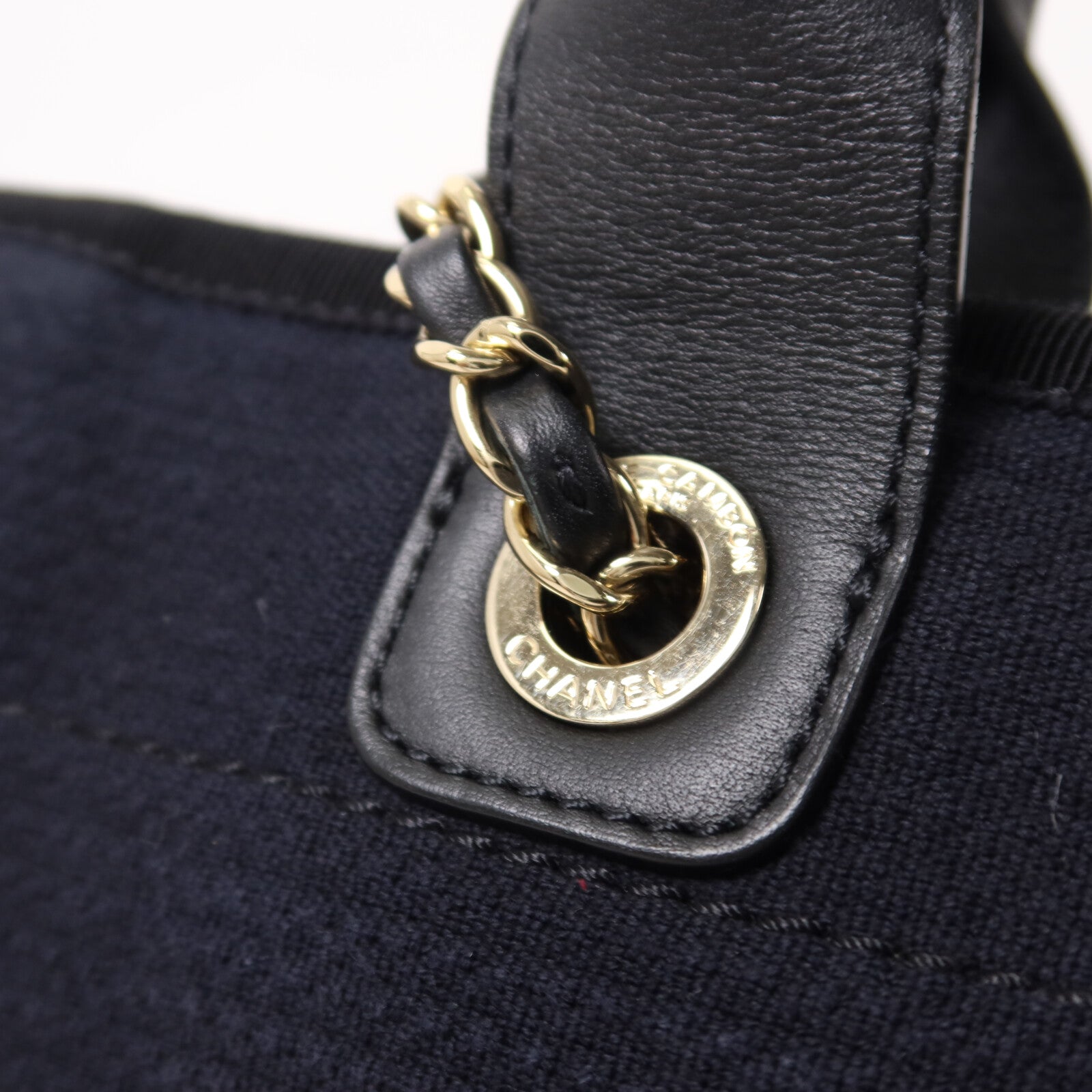 CHANEL 帆布Deauville MM鏈帶手挽肩背兩用袋