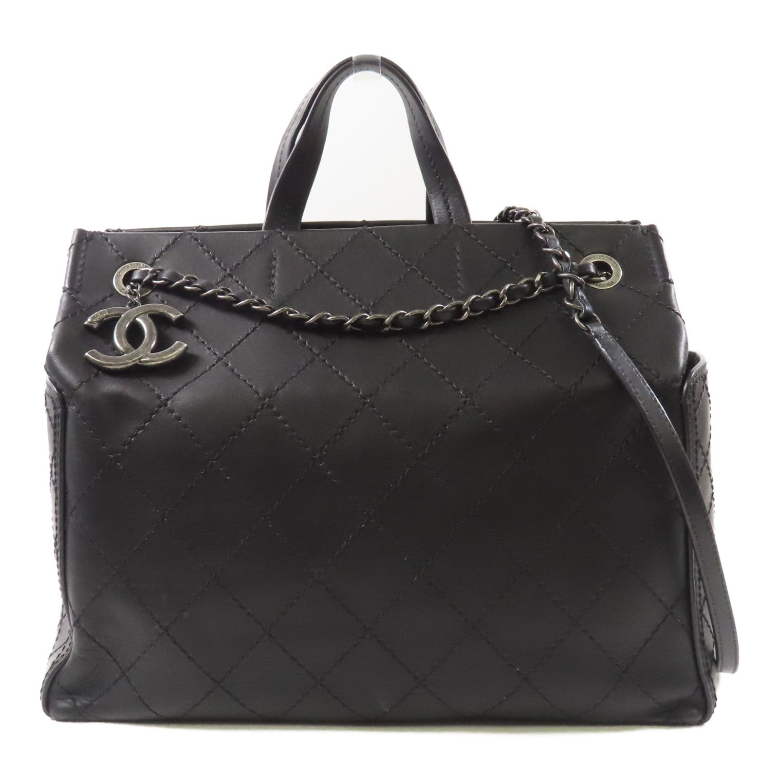 CHANEL 牛皮皮革Chain Shoulder銀扣鏈帶手挽肩背兩用袋