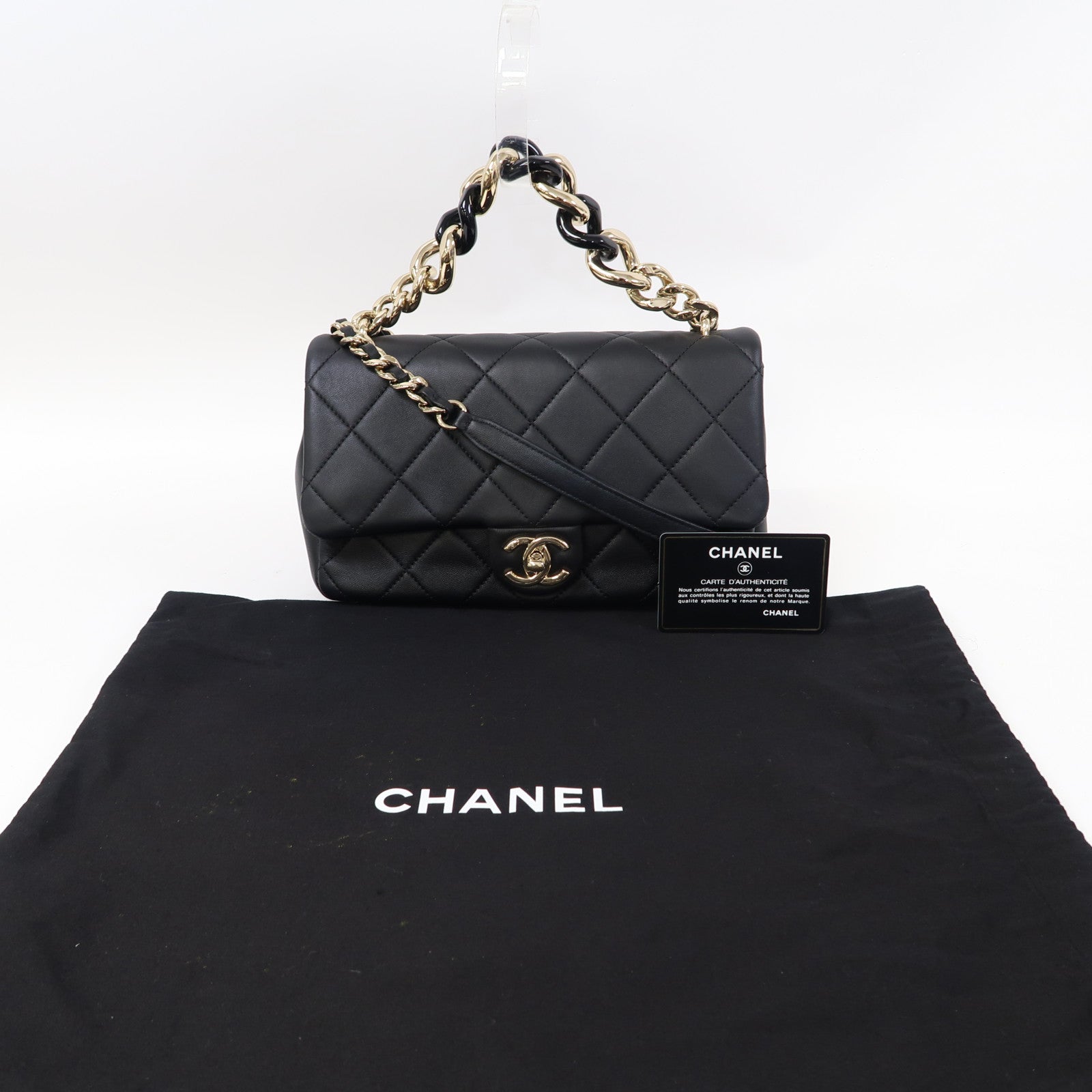 CHANEL 菱格羊皮皮革Chain Shoulder金扣鏈帶肩背袋