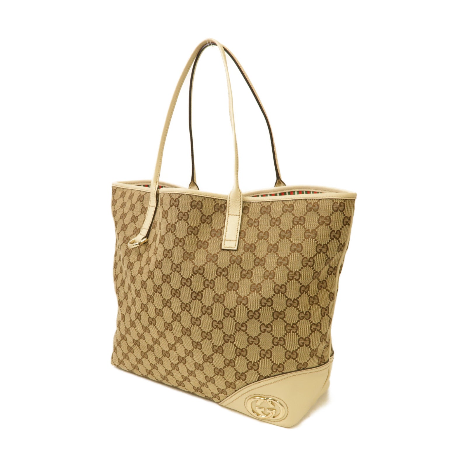 GUCCI 帆布Tote Bag金扣手挽袋白色/棕色