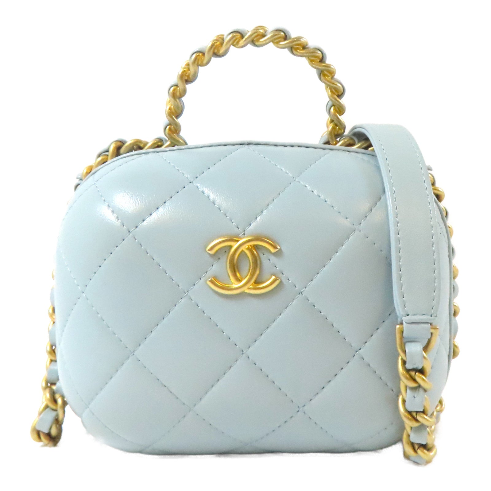 CHANEL 【激減優惠】菱格羊皮皮革CC Bubble Vanity金扣鏈帶手挽肩背兩用袋藍色