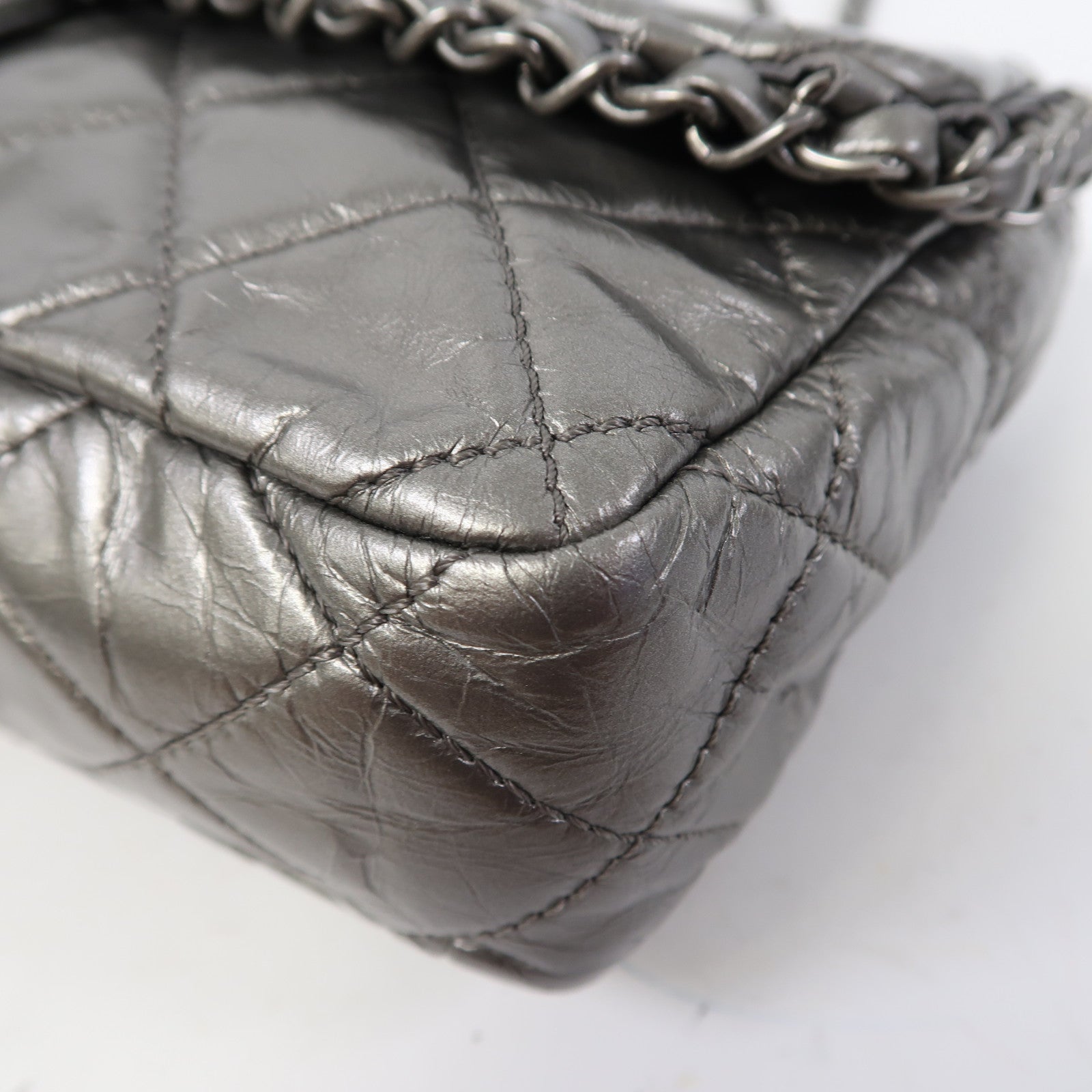 CHANEL 菱格牛皮皮革Chain Shoulder銀扣鏈帶肩背袋銀色