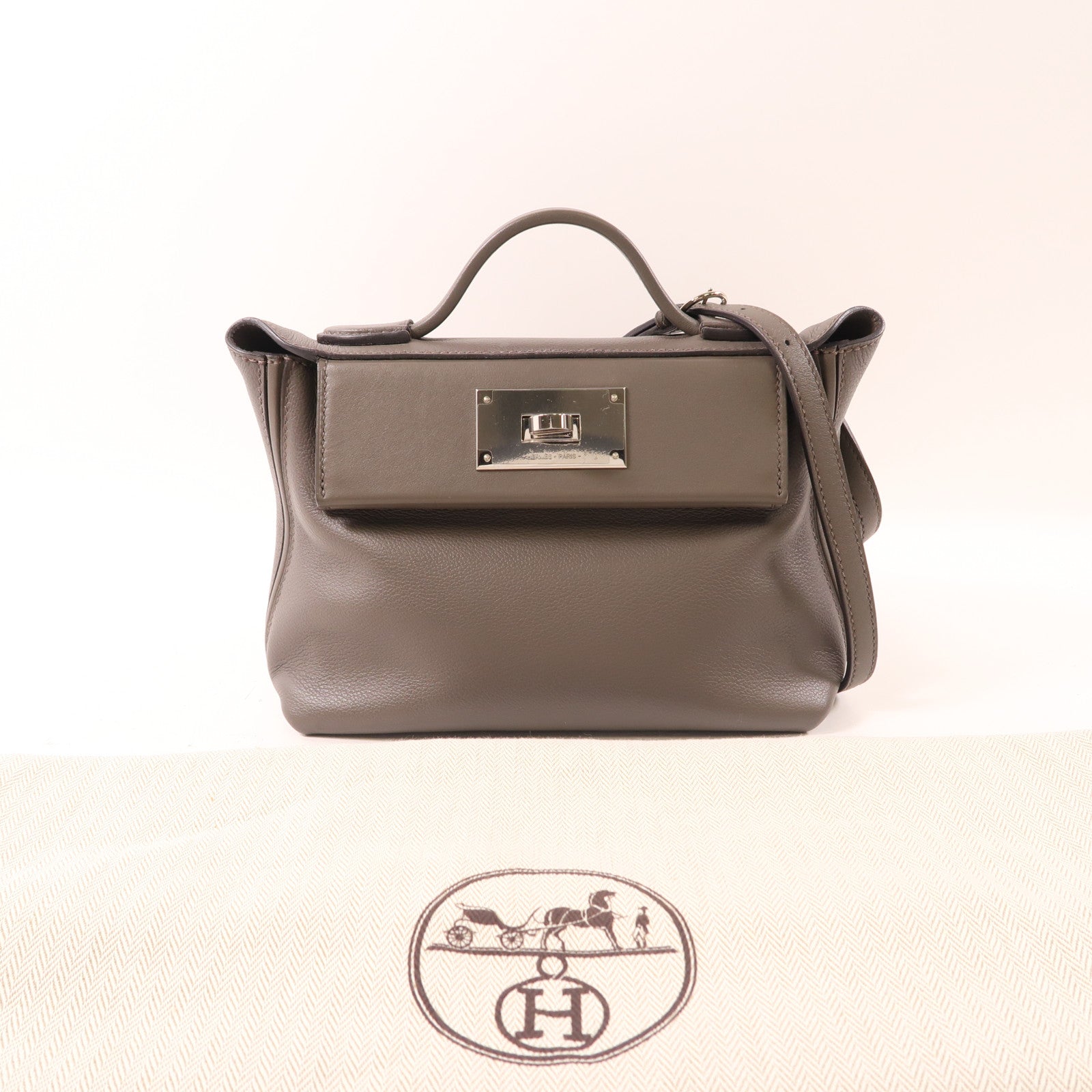 HERMES Evercolor皮革24/24 Mini銀扣手挽肩背兩用袋Etain灰色