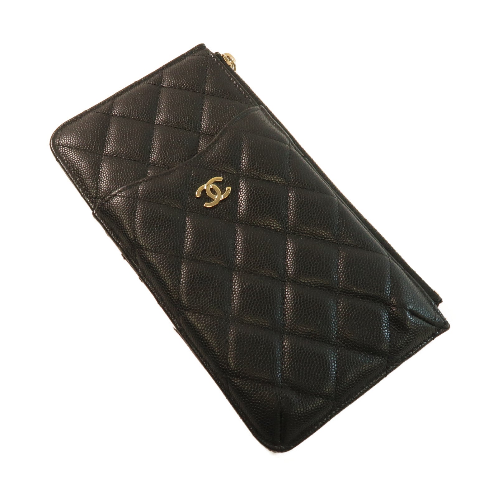 CHANEL 牛皮皮革Zipper Long Wallet金扣長錢包黑色