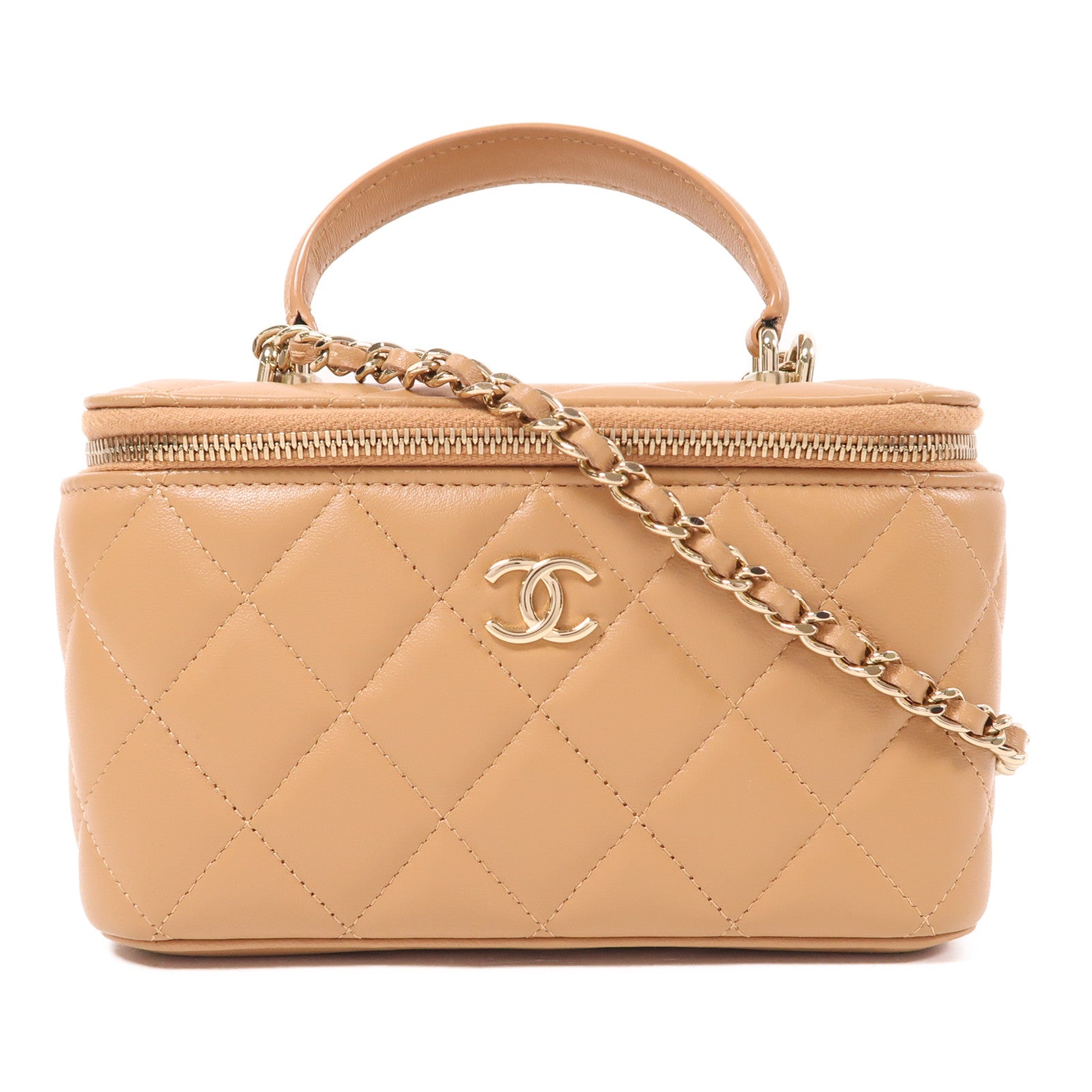 CHANEL CC GHW Vanity Chain 2 Way Bag Lambskin Leather Beige