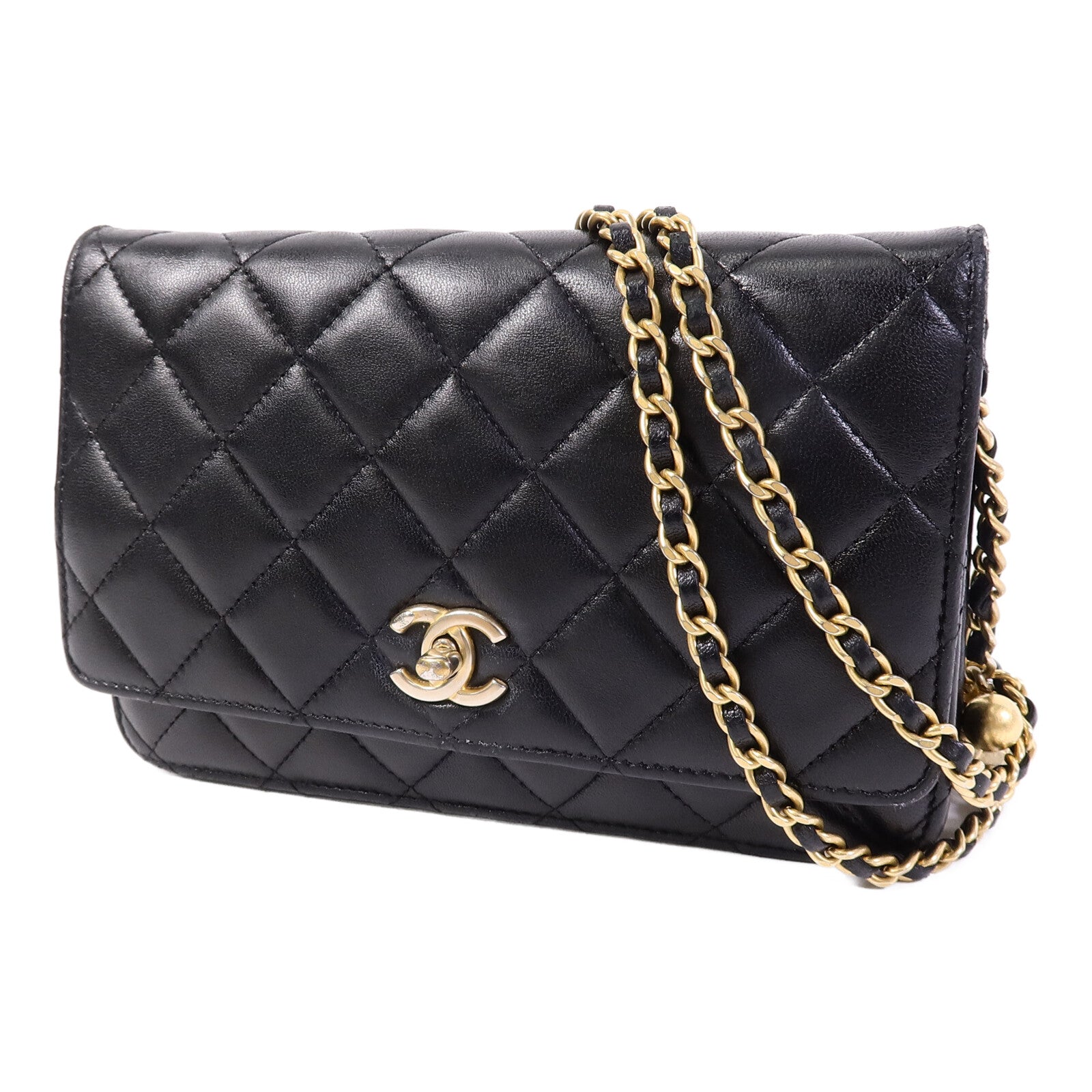 CHANEL 羊皮皮革Wallet On Chain W Gold Ball鏈帶肩背袋