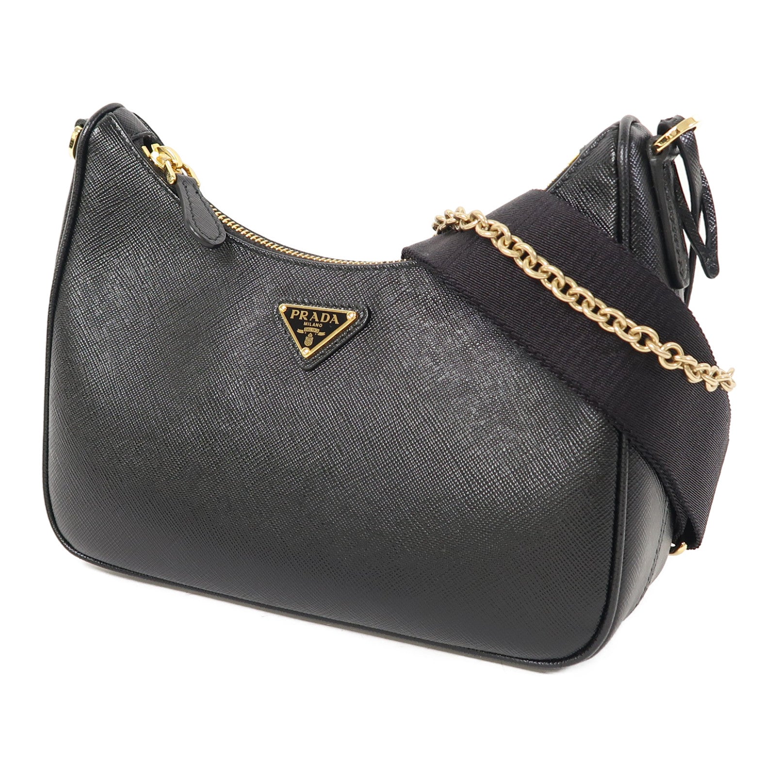 PRADA Saffiano皮革Re-Edition 2005金扣肩背袋黑色