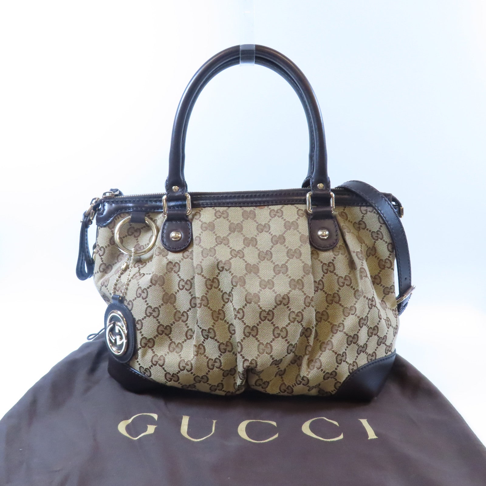 GUCCI 帆布Shoulder Bag金扣手挽肩背兩用袋啡色