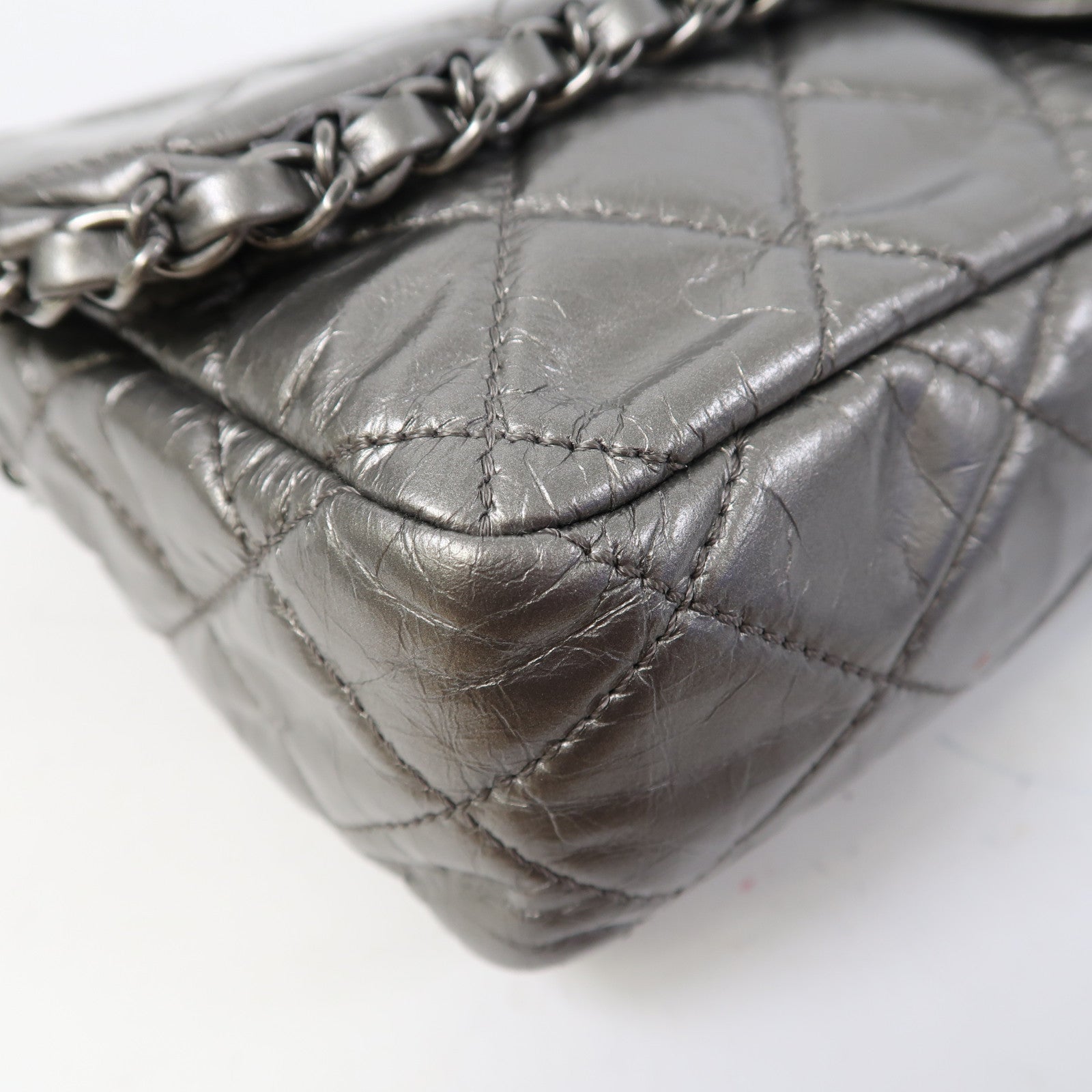 CHANEL 菱格牛皮皮革Chain Shoulder銀扣鏈帶肩背袋銀色