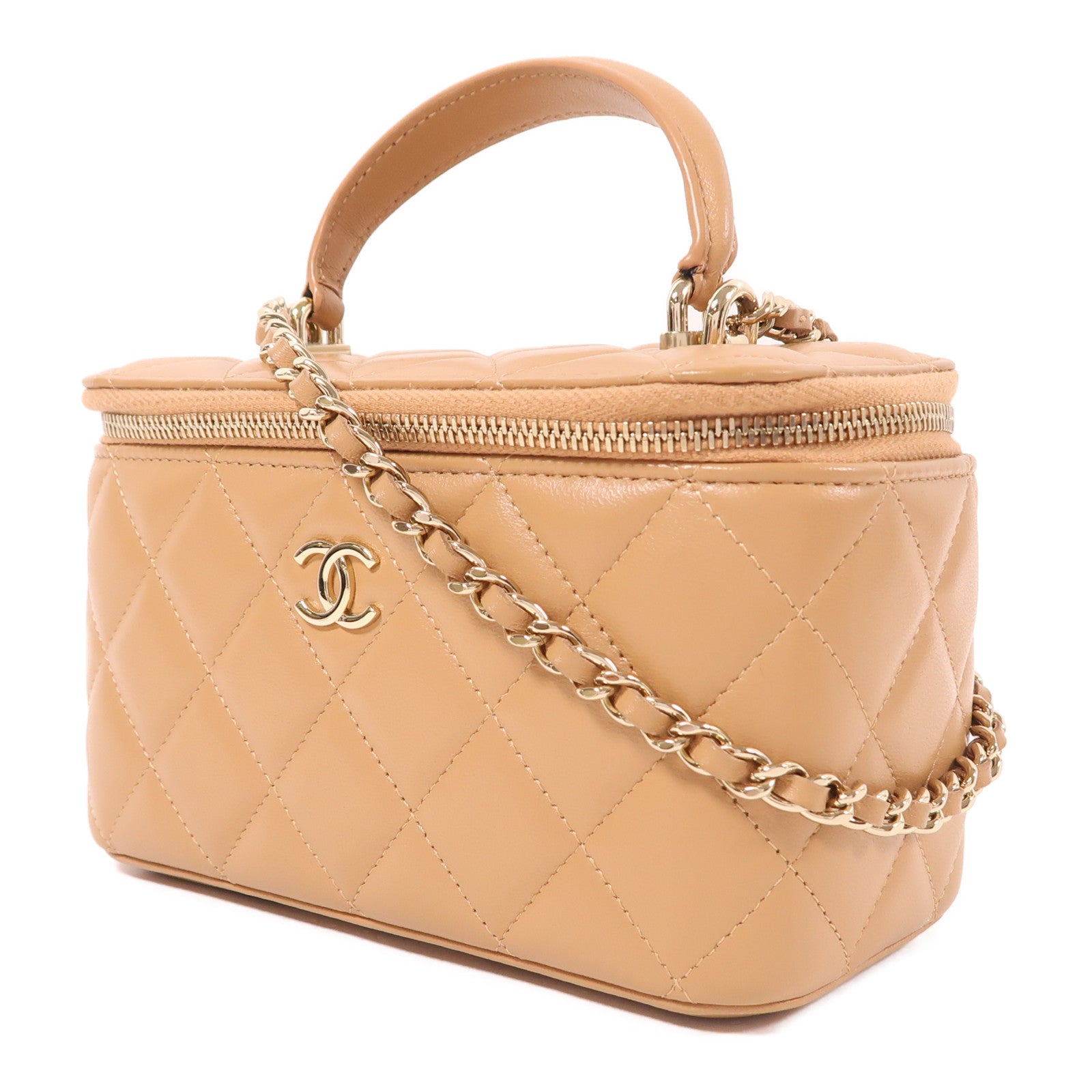 CHANEL CC GHW Vanity Chain 2 Way Bag Lambskin Leather Beige