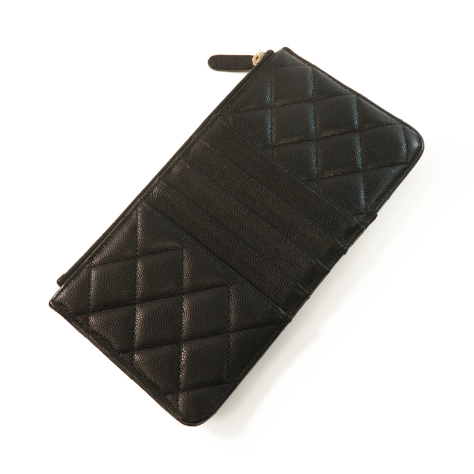 CHANEL 牛皮皮革Zipper Long Wallet金扣長錢包黑色