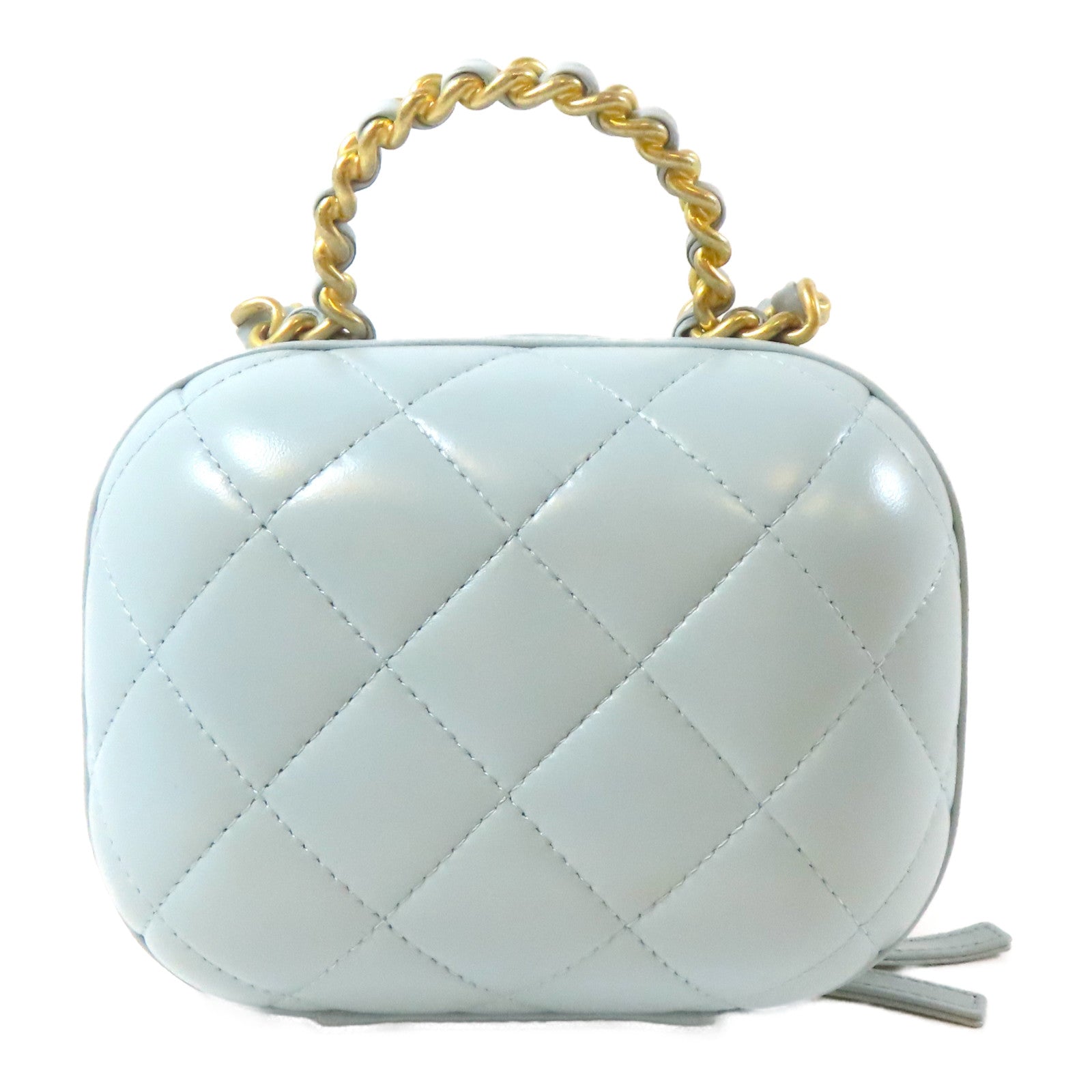CHANEL 【激減優惠】菱格羊皮皮革CC Bubble Vanity金扣鏈帶手挽肩背兩用袋藍色