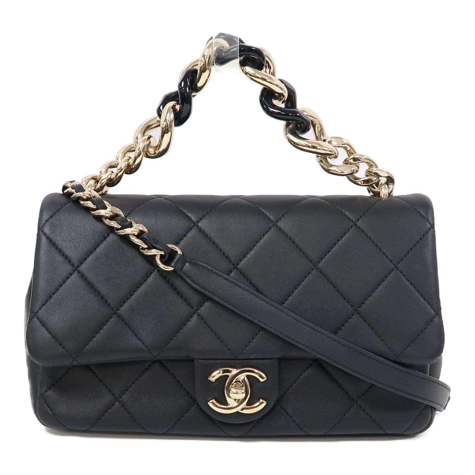 CHANEL 菱格羊皮皮革Chain Shoulder金扣鏈帶肩背袋