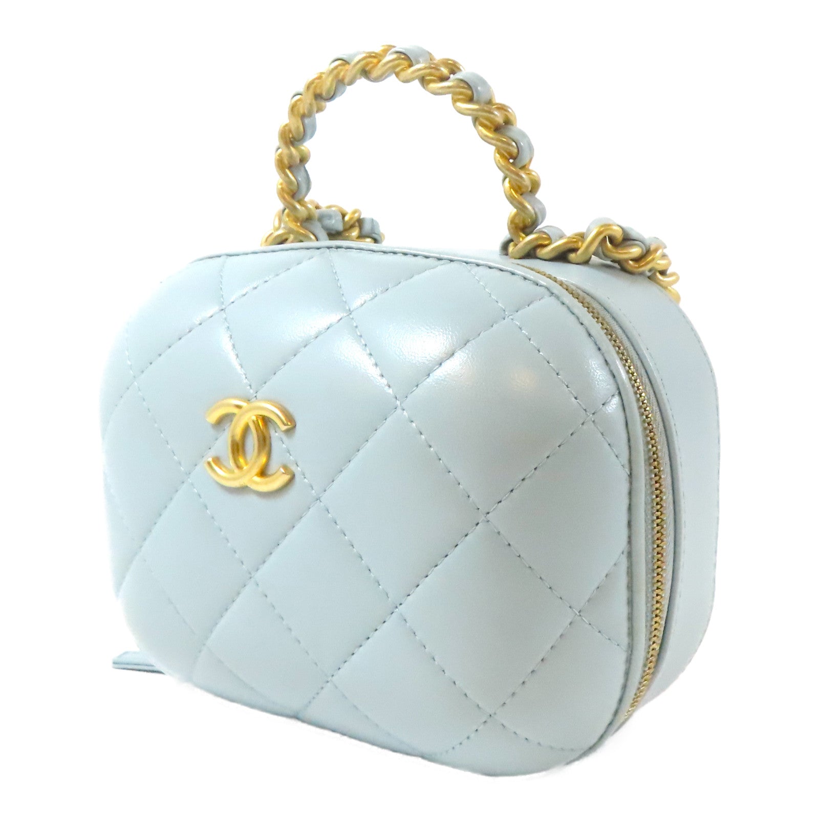 CHANEL 【激減優惠】菱格羊皮皮革CC Bubble Vanity金扣鏈帶手挽肩背兩用袋藍色