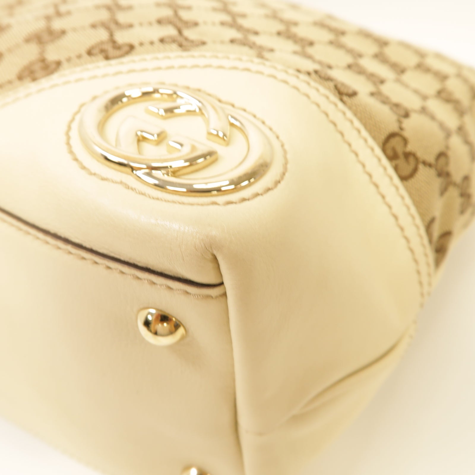 GUCCI 帆布Tote Bag金扣手挽袋白色/棕色