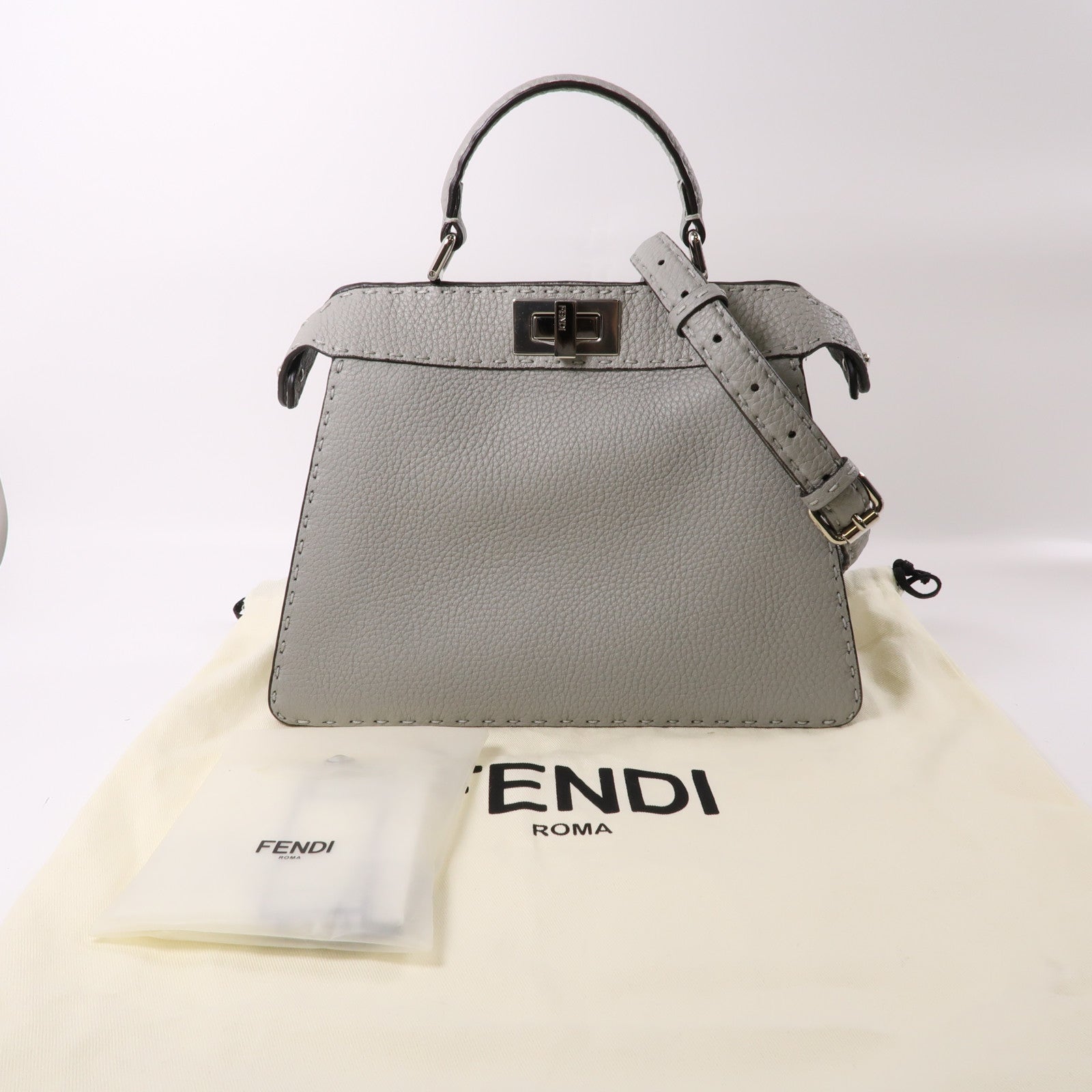 FENDI 牛皮皮革Peekaboo銀扣手挽肩背兩用袋灰色