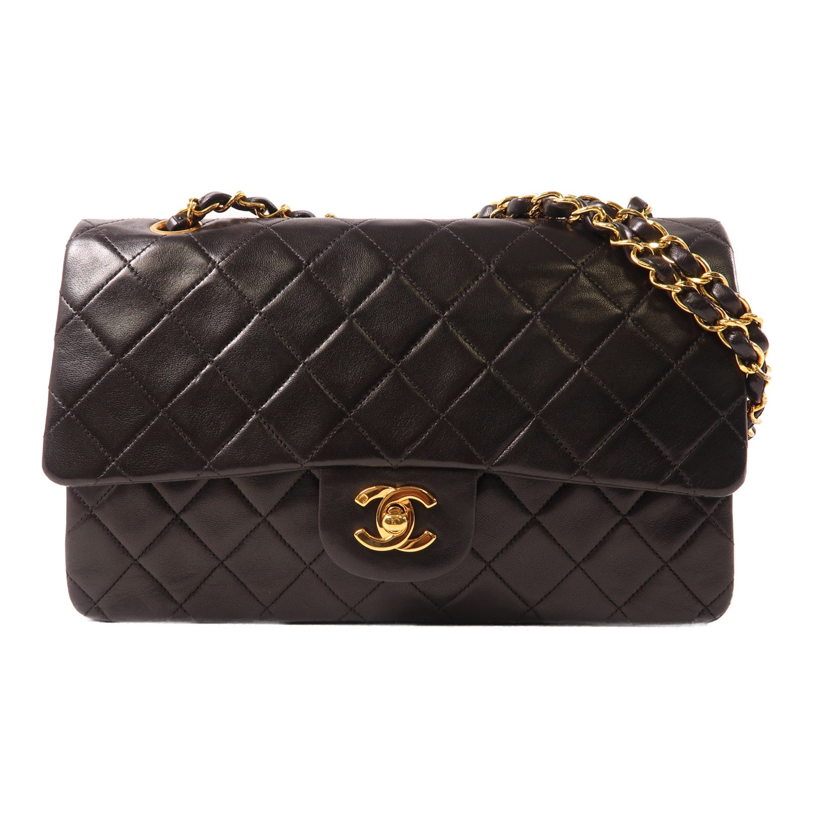 CHANEL 菱格牛皮皮革Chain Shoulder金扣鏈帶肩背袋黑色